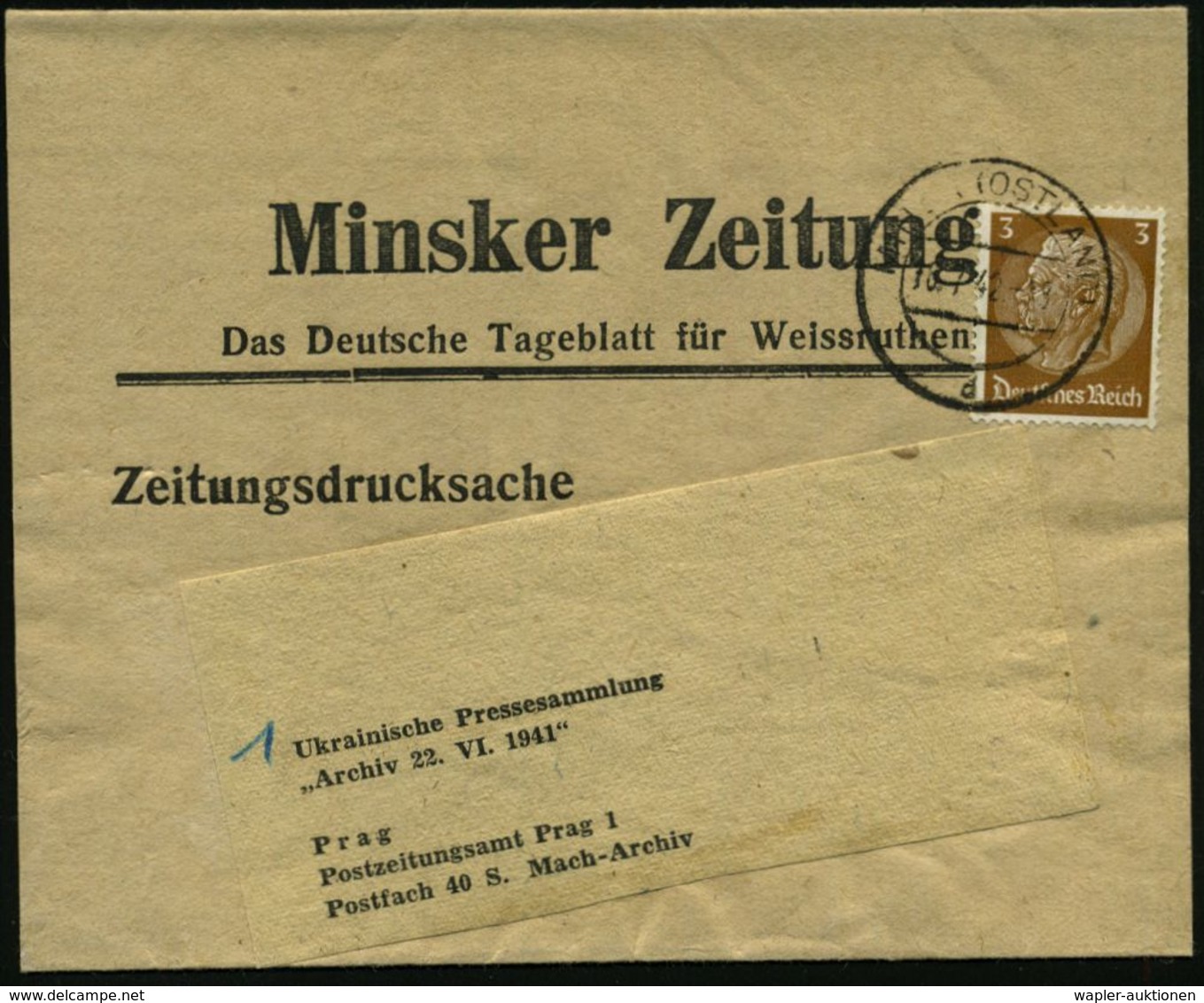 DT.BES.WEISSRUSSLAND 1942 (16.7.) 2K-Steg: MINSK (OSTLAND)/d Auf EF 3 Pf. Hindenbg., Seltenes Zeitungs-Sb.: Minsker Zeit - Guerre Mondiale (Seconde)