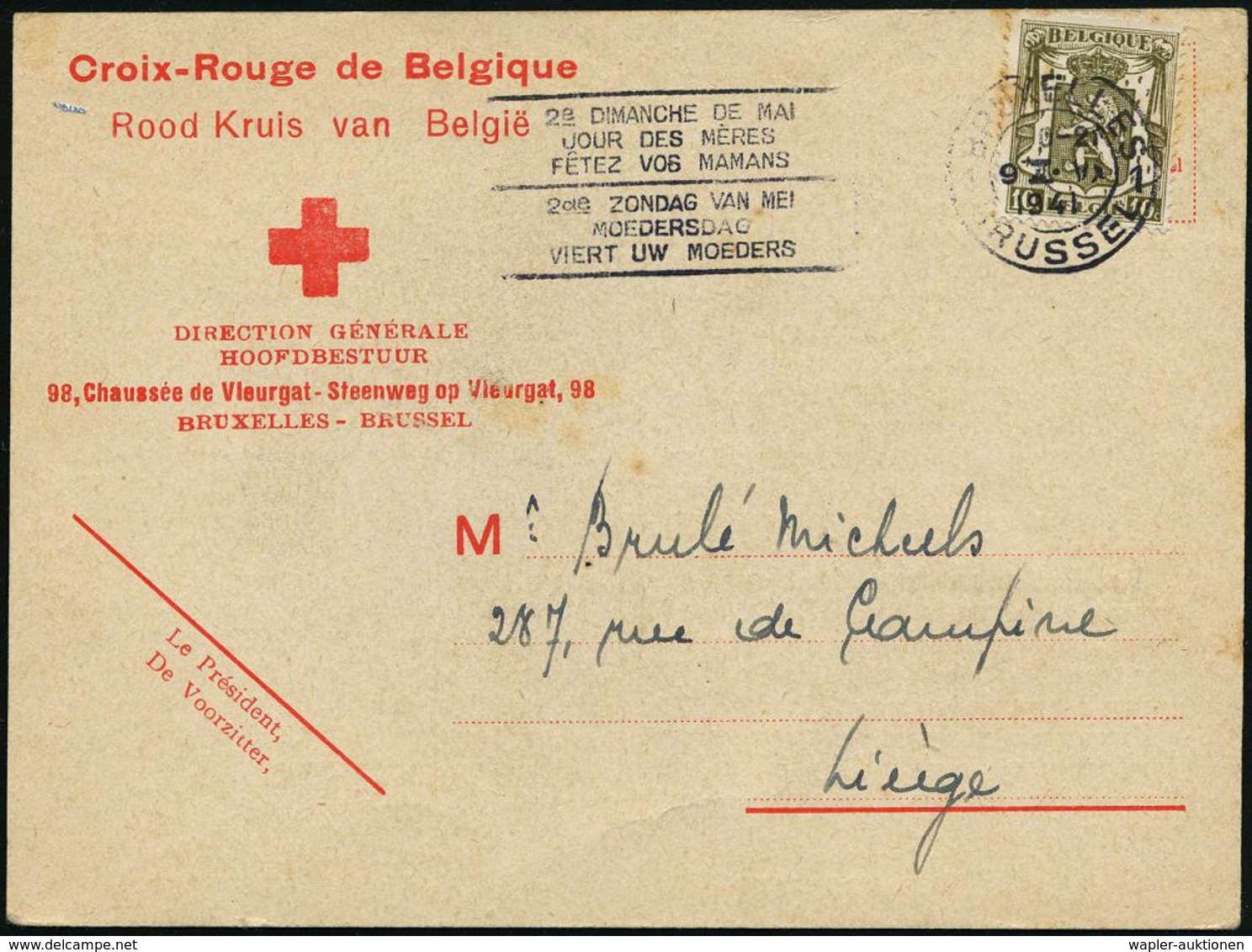 BELGIEN 1941 (9.1.) Dienst-Kt.: Croix-Rouge De Belgique/Roode Kruis Van Belgie/DIRECTION GENERALE.. Zweisprachiger Vordr - Guerre Mondiale (Seconde)