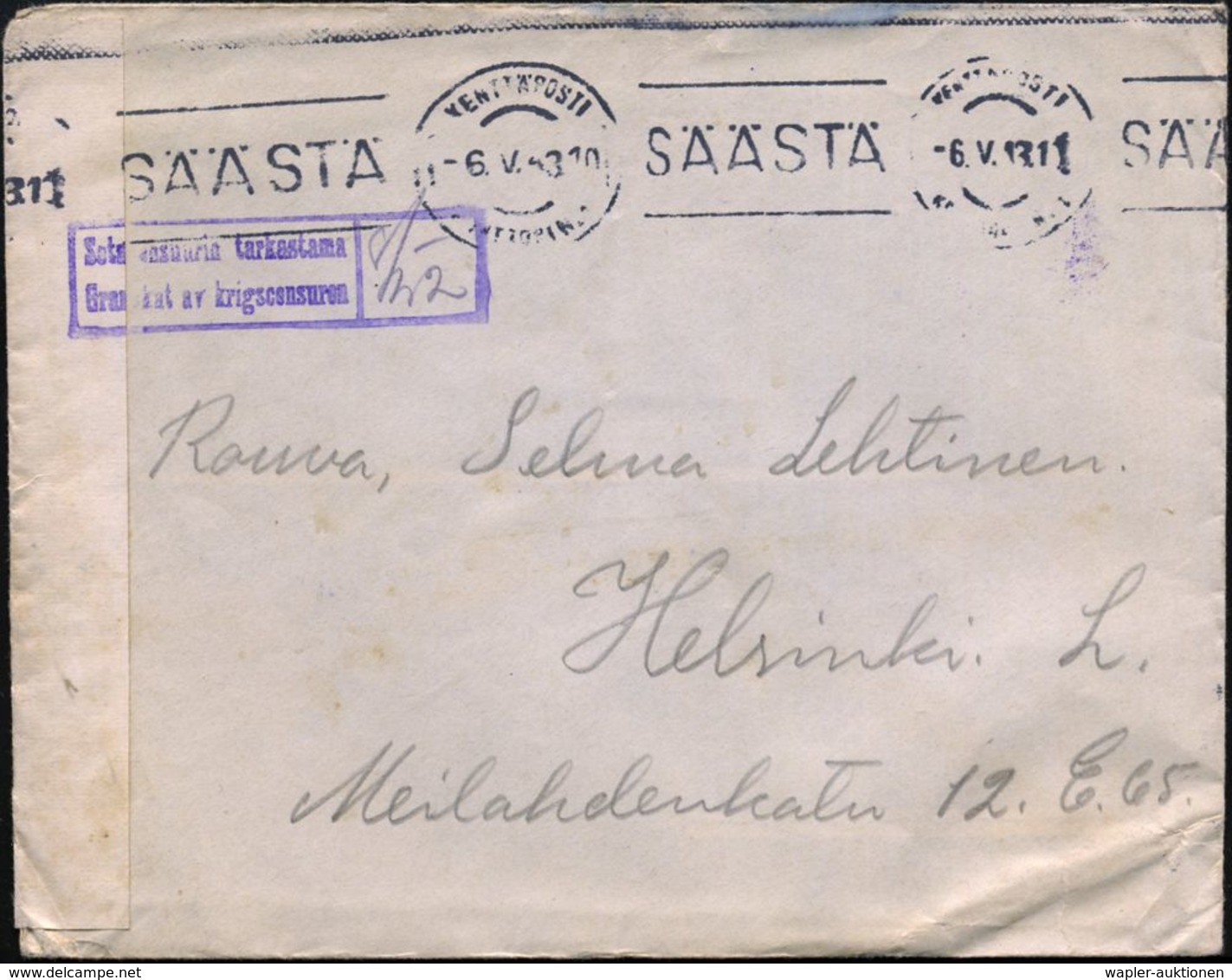 FINNLAND 1943 (6.5.) Bd.MaSt.: KENTIÄPOSTI../SÄÄSTÄ = Feldpost + Neutrales Zensurstreifen (Wo. Unbekannt!)+ Viol. Zensur - WW2