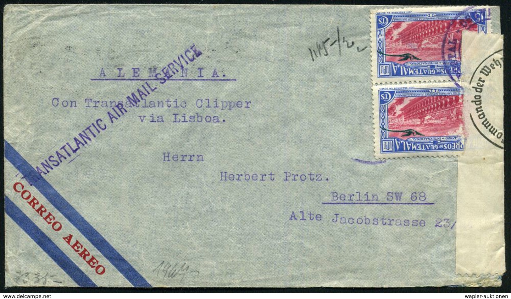 GUATEMALA 1940 (2.9.) 15 C. Flp. + Rs. 2x 2C Orchidee, 1/2 C. Maya-Kalender Etc. + Viol. 1L: TRANSATLANTIC AIR MAIL SERV - WW2