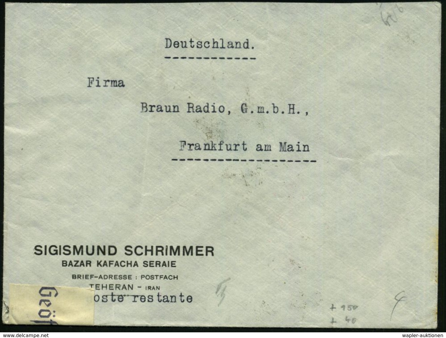 IRAN 1940 (Mai) 1,50 R. Reza Pahlevi, EF Rs. + Rs. OKW-Zensurstreifen: Geöffnet + Roter 1K: Briefstempel - Geöffnet = Be - WW2