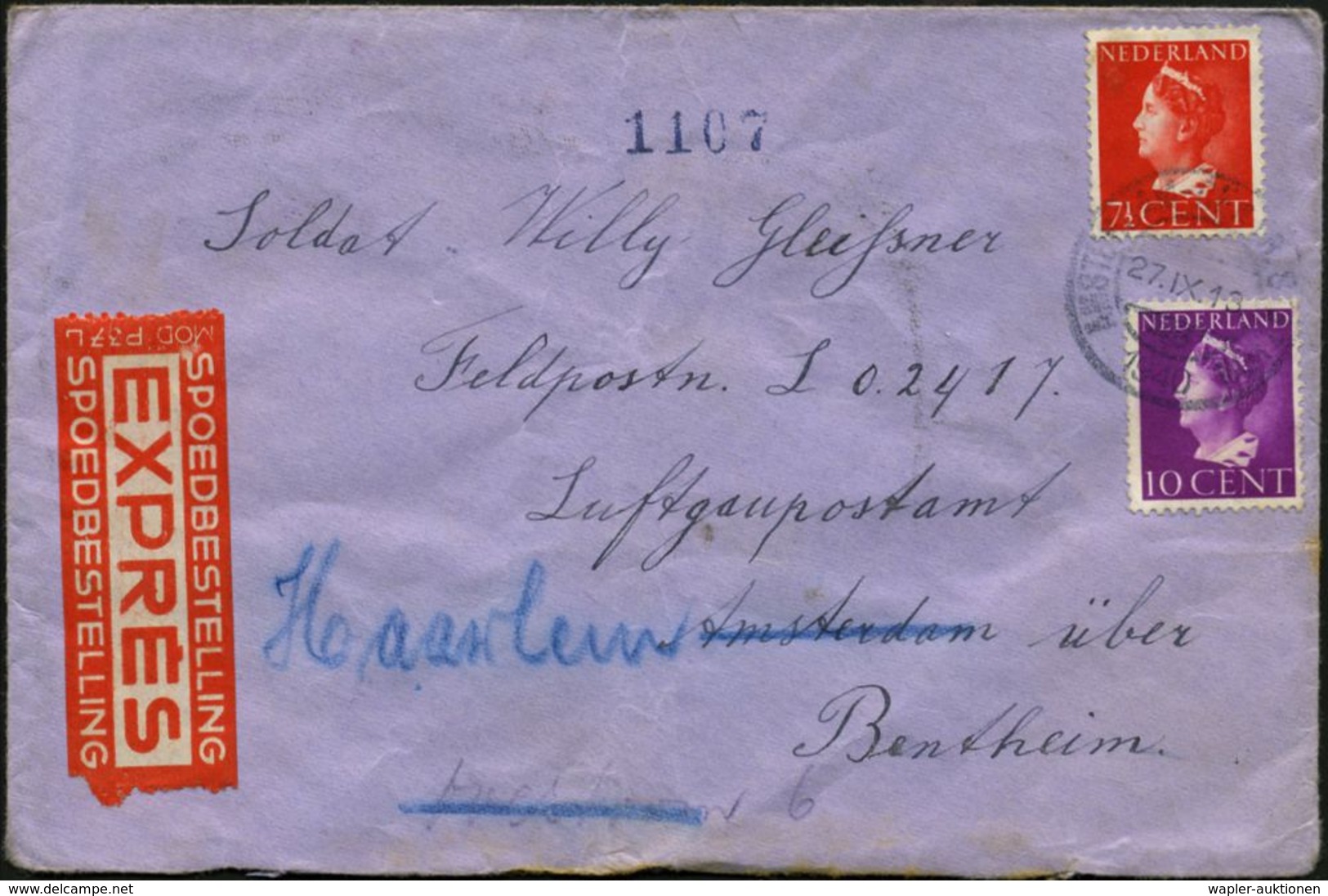 NIEDERLANDE 1940 (27.9.) Juliane 7 1/2 C. U. 10 C. Auf FP.-Bf. An Deutsche Feldpost Nr. L 02417 (LGPA Haarlem über Benth - Guerre Mondiale (Seconde)