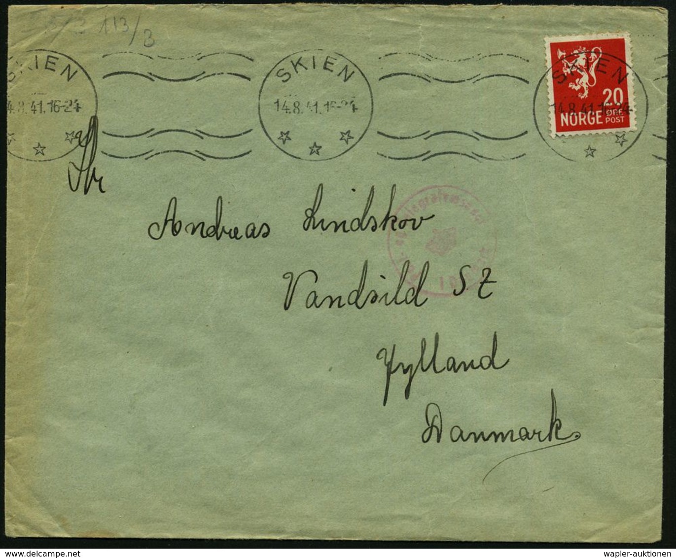 NORWEGEN 1941 (14.8.) Bd.MaSt.: SKIEN/*** Auf EF 20 Ö. Dauerserie + Vs. Roter Eingangs-Zensur-1K Kopenhagen (Rie.K-1 B + - Guerre Mondiale (Seconde)