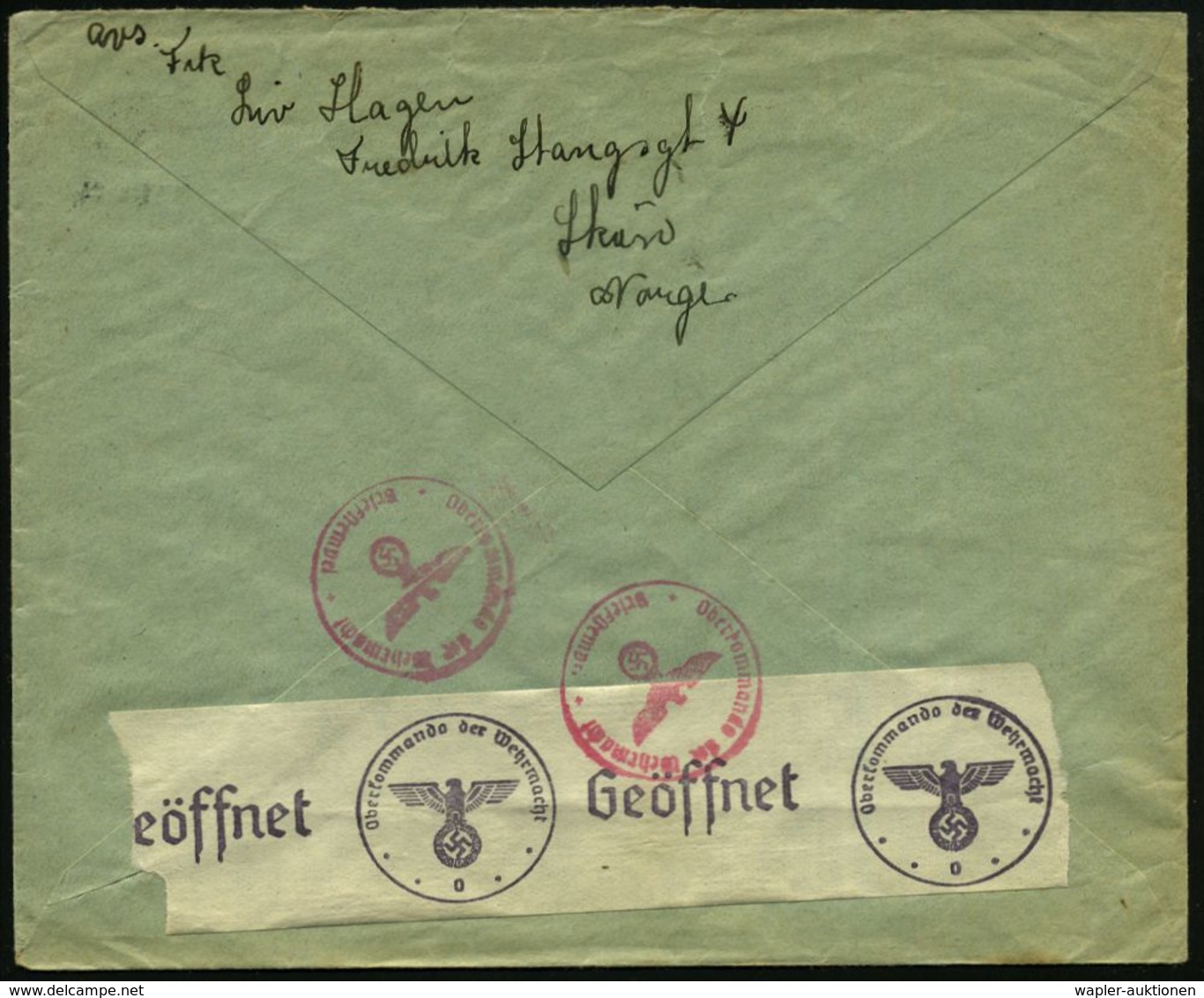 NORWEGEN 1941 (14.8.) Bd.MaSt.: SKIEN/*** Auf EF 20 Ö. Dauerserie + Vs. Roter Eingangs-Zensur-1K Kopenhagen (Rie.K-1 B + - Guerre Mondiale (Seconde)