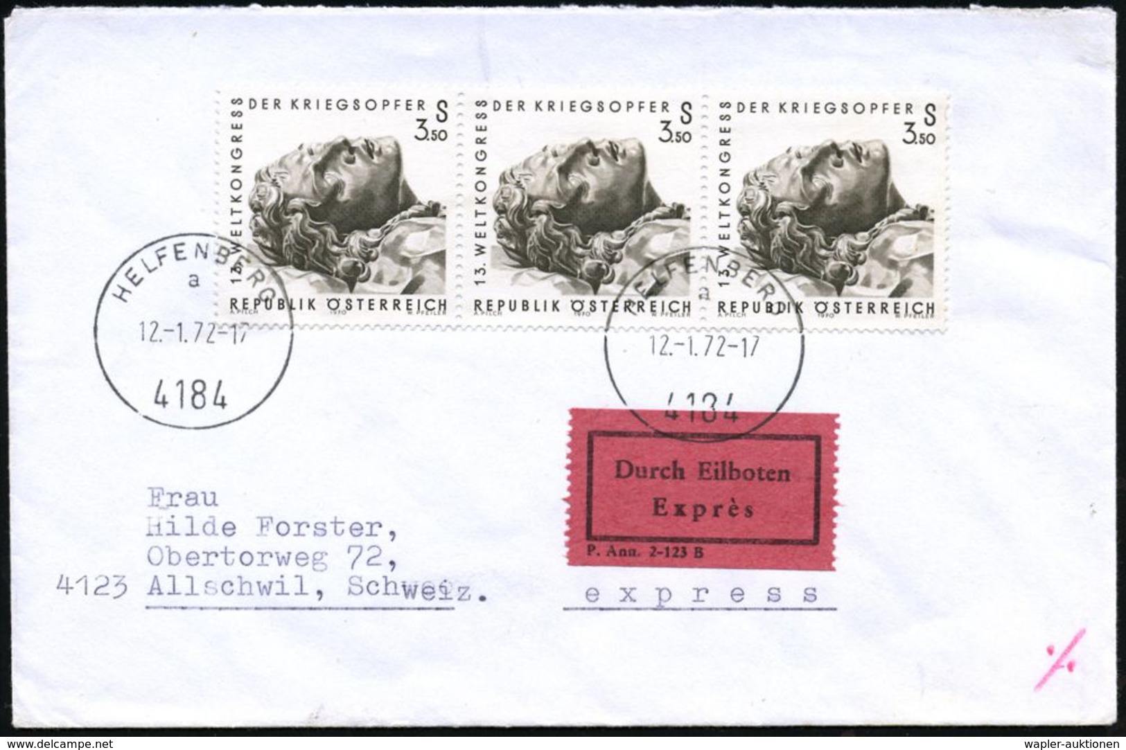 ÖSTERREICH 1972 (12.1.) 3,50 S. "Weltkongreß Der Kriegsopfer", Horizontaler 3er-Streifen = Kopf D. Hl. Johannes (Skulptu - Guerre Mondiale (Seconde)