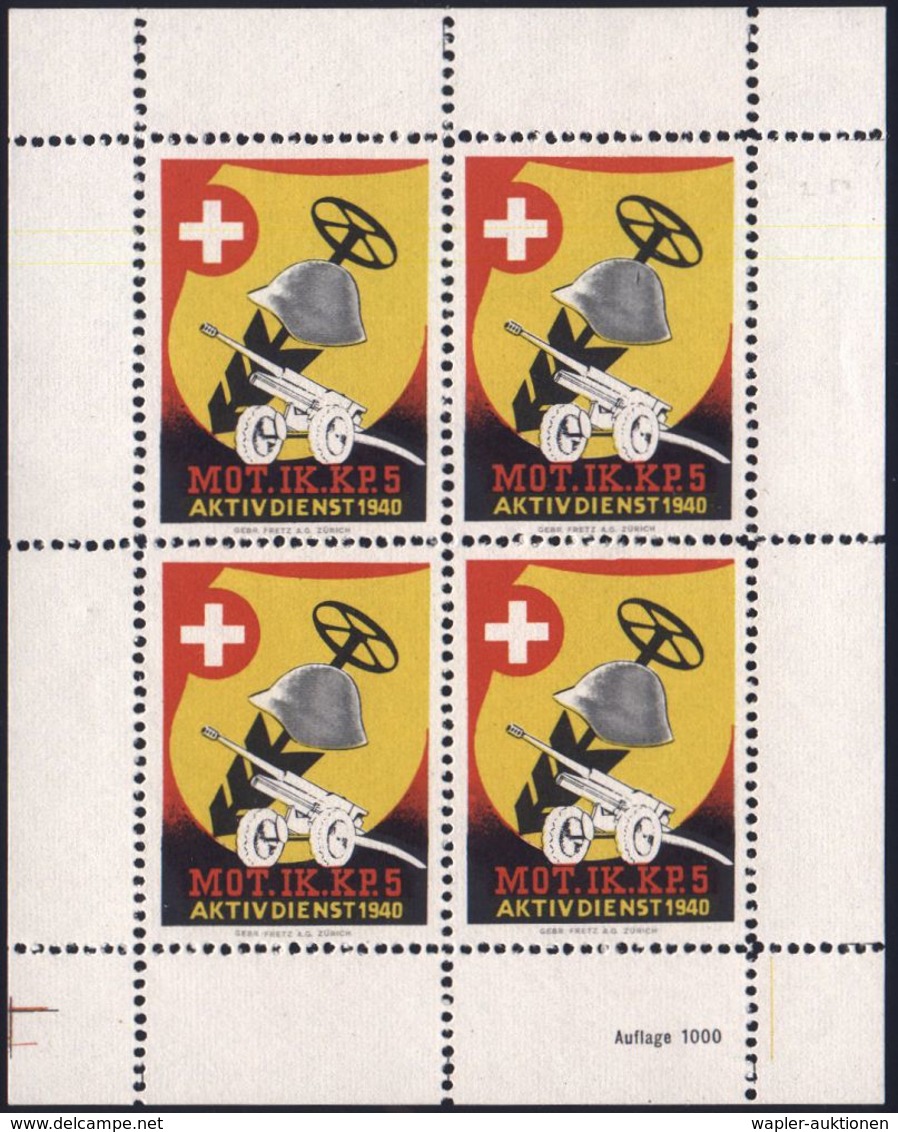 SCHWEIZ 1940 Soldatenmke. "MOT. IK. KP. 5", Gez. Kleinbogen = 4 Stück Abb: Pak (Geschütz), Stahlhelm, Milit.Logo) Postfr - Guerre Mondiale (Seconde)