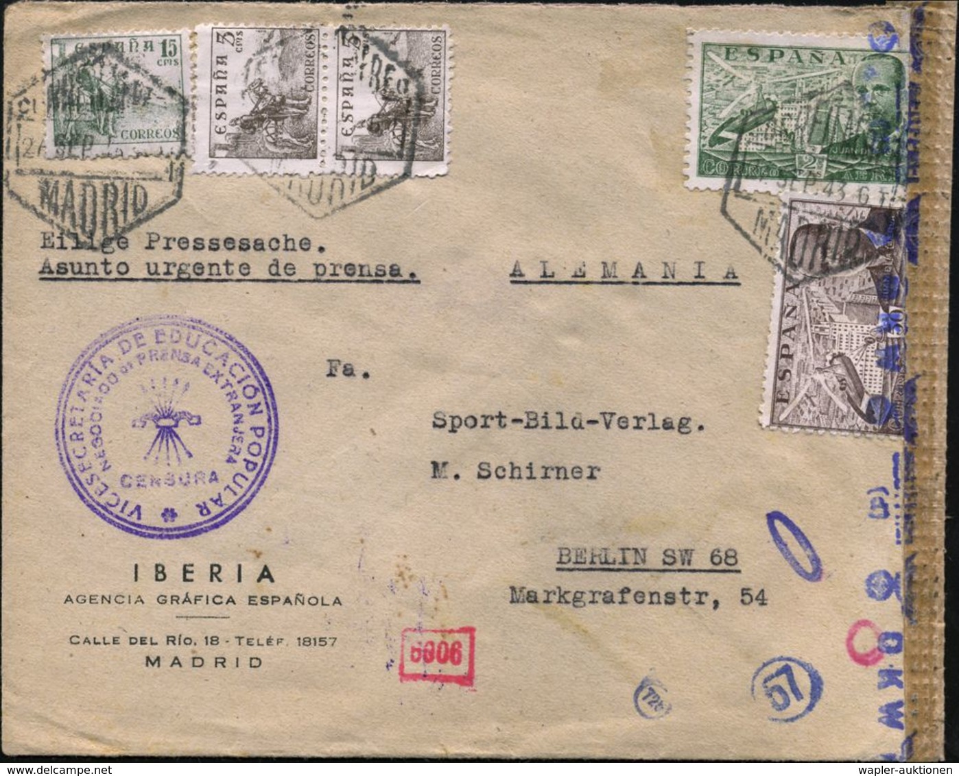 SPANIEN 1943 (27.9.) 50 C. U. 2 Ptas. Cierva-Helikopter, 3x 6eck: MADRID.. + Viol. 2K-HdN: VICESECRETARIA DE EDUCACION P - Guerre Mondiale (Seconde)