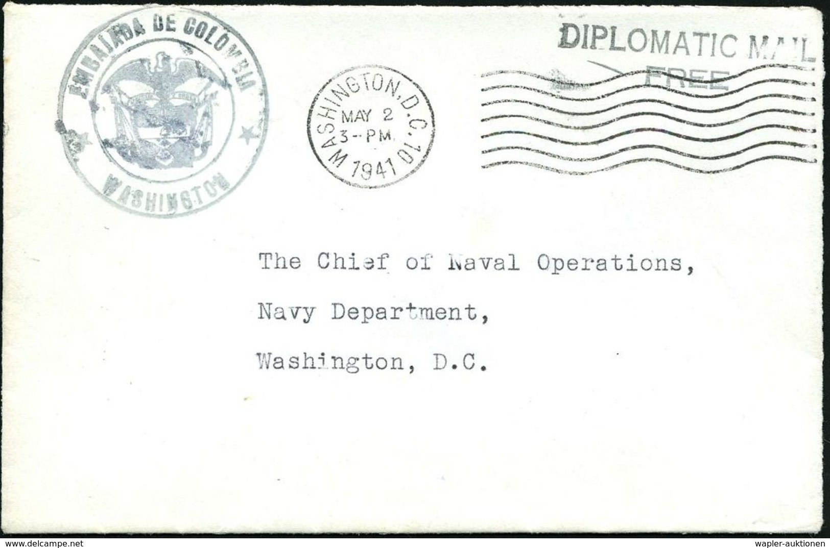 U.S.A. 1941 (2.5.) MaWellenSt.: WASHINGTON, D.C. + 2L: DIPLOMATIC MAIL/FREE + Viol. 2K: EMBAJADA DE COLOMBIA/ WASHINGTON - Guerre Mondiale (Seconde)