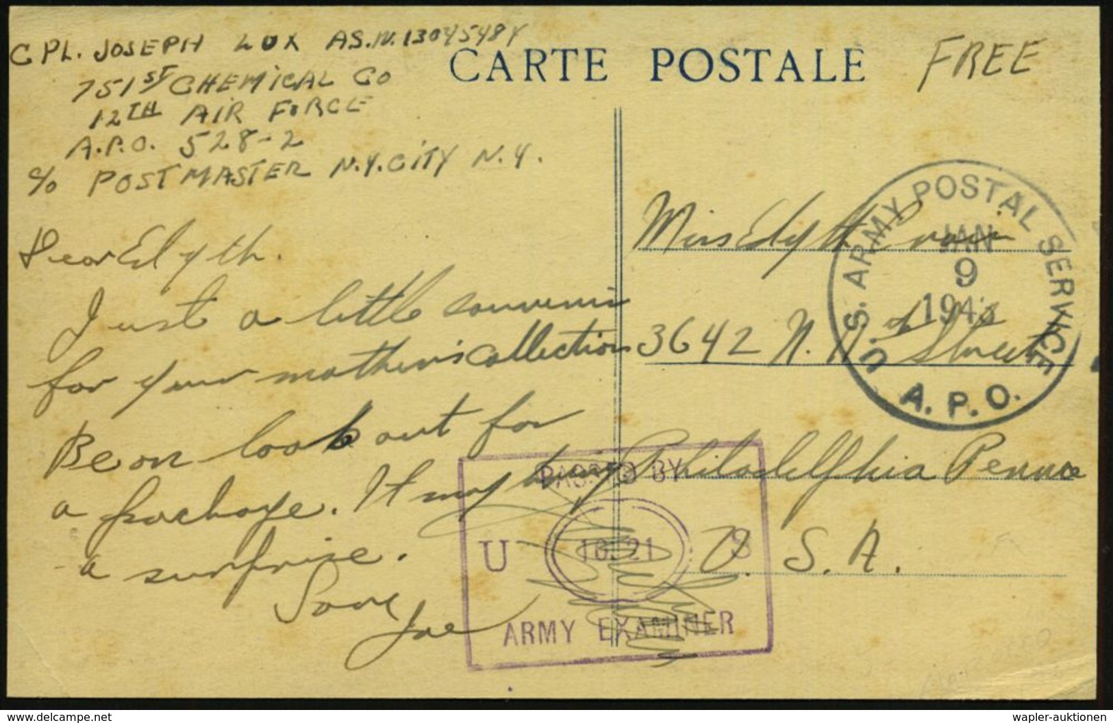 U.S.A. /  ALGERIEN 1943 (9.1.) 1K: U.S. ARMY POSTAL SERVICE/A.P.O. + Hs. Abs.: "..751st Chemical Co./ 12th Air Force/ Ap - Guerre Mondiale (Seconde)