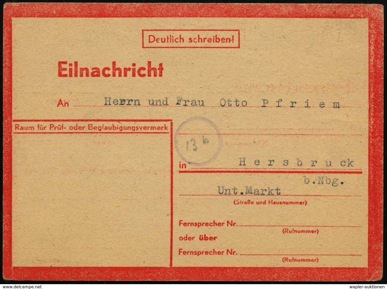 München 23 1944 (9.6.) Portofreie, Rote Eilnachricht-Kt. "Lebenszeichen", Text: "Alles In Bester Ordnung.." , Vorschrift - Guerre Mondiale (Seconde)