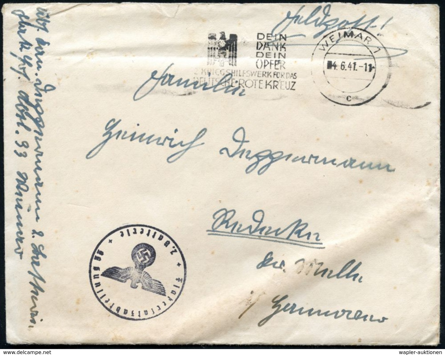 Weimar 1941 3 Verschiedene MWSt (1x Oben Nicht Ganz Voll) + 3 Verschiedene Briefstempel: Flakersatzabt. 33, 1. 2. U. 5.  - Guerre Mondiale (Seconde)