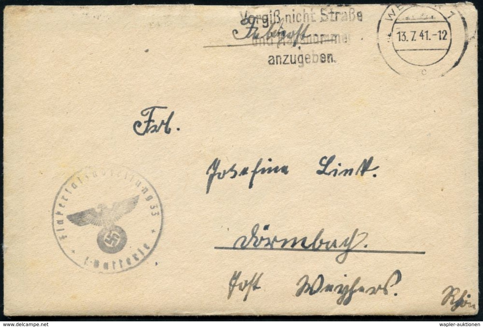 Weimar 1941 3 Verschiedene MWSt (1x Oben Nicht Ganz Voll) + 3 Verschiedene Briefstempel: Flakersatzabt. 33, 1. 2. U. 5.  - Guerre Mondiale (Seconde)