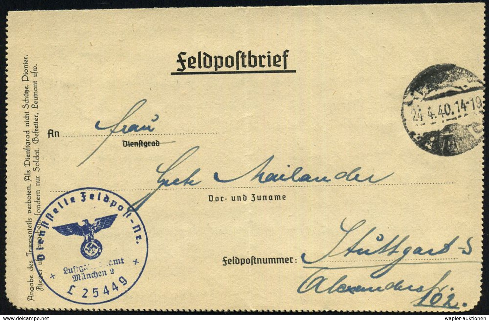 DEUTSCHES REICH 1940/41 Stummer 1K-Steg + Blauer 1K-HdN: Feldpost-Nr./L 25 440/ Luftgaupostamt/München = Res.-Flak Abt.  - Guerre Mondiale (Seconde)