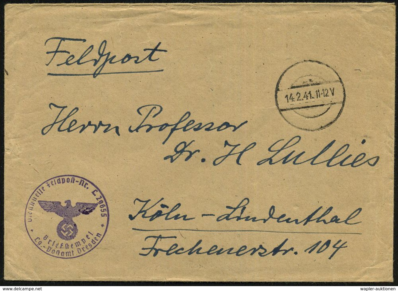 DEUTSCHES REICH 1941/42 Stummer 1K-Steg Bzw. Stummer 2K = Tarnstempel + Viol. 1K-HdN: Feldpost-Nr. L 29655/Lg.-Postamt D - WW2 (II Guerra Mundial)