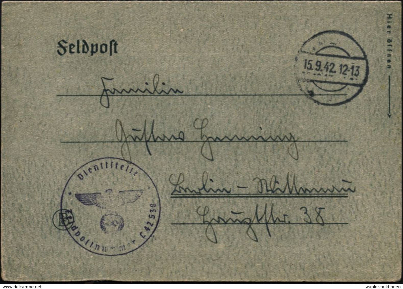 DEUTSCHES REICH 1942 (15.9.) Stumme 1K-Brücke = Tarnstempel + Bl. 1K-HdN: Fp Nr. L 42 538 = Kol. I, Flak Rgt. 241, Ostfr - Guerre Mondiale (Seconde)