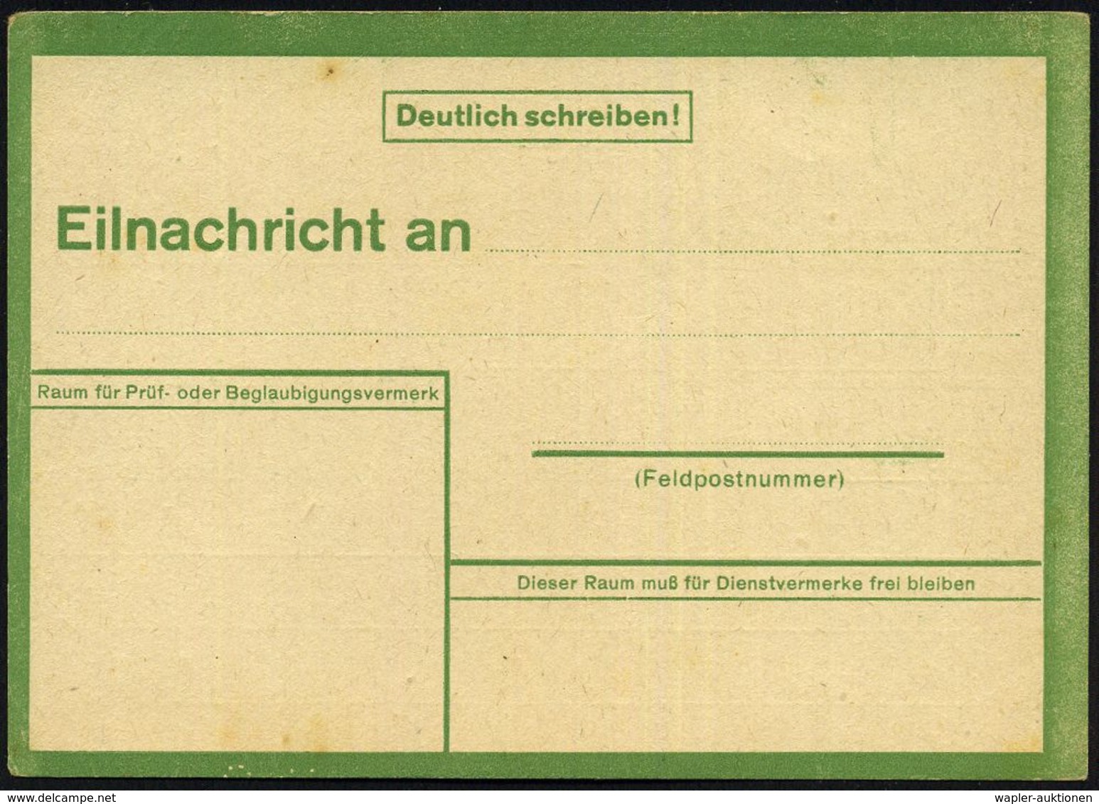 DEUTSCHES REICH 1943 Grüne Eilnachricht-Kt.:  F E H L D R U C K   O H N E   Grünen Rand, Ohne Druckvermerk (minim. Fleck - Guerre Mondiale (Seconde)