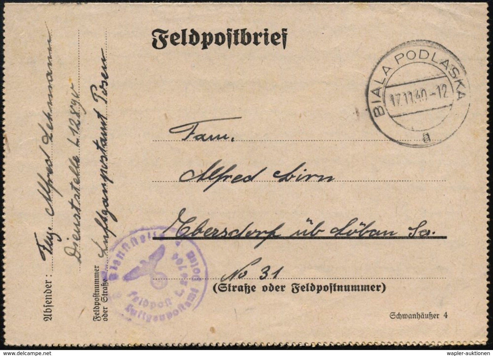 GENERALGOUVERNEMENT 1940 (17.11.) 2K-Steg: BIALA PODLASKA/a + Viol. ,kl. 1K-HdN: Feldpost L 26 704/Luftgaupostamt Posen  - Guerre Mondiale (Seconde)