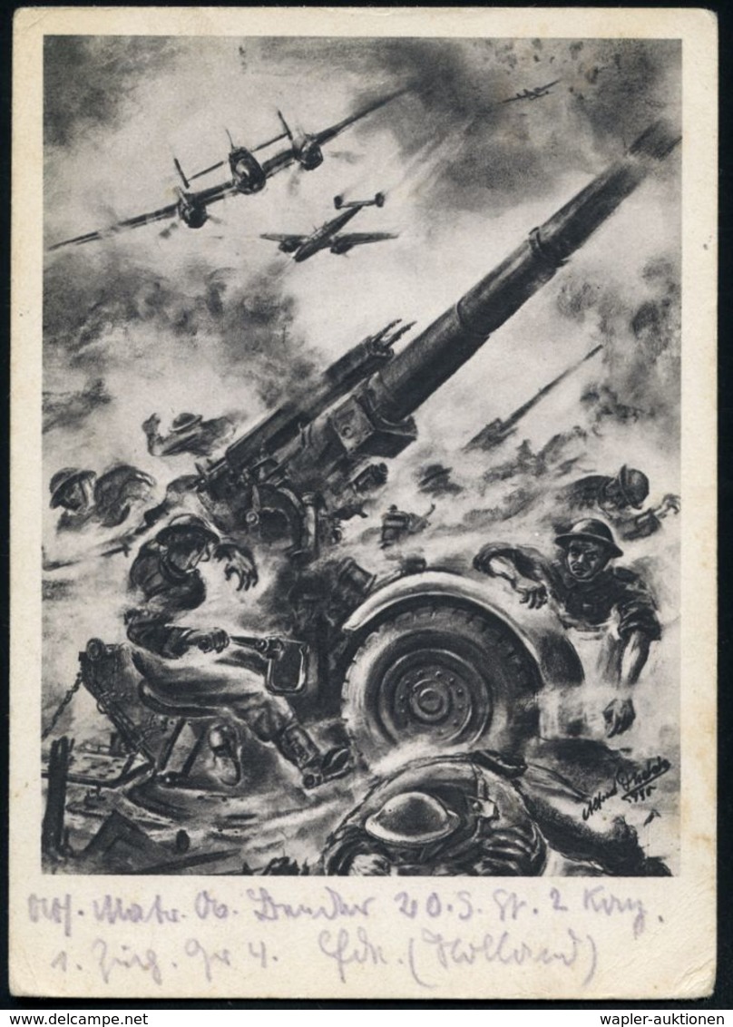 DT.BES.NIEDERLANDE 1940 Stummer 2K-Steg: JJ = Tarnstempel Niederlande Auf Monochromer Künstler-Propaganda-Ak.: Angriff V - Guerre Mondiale (Seconde)