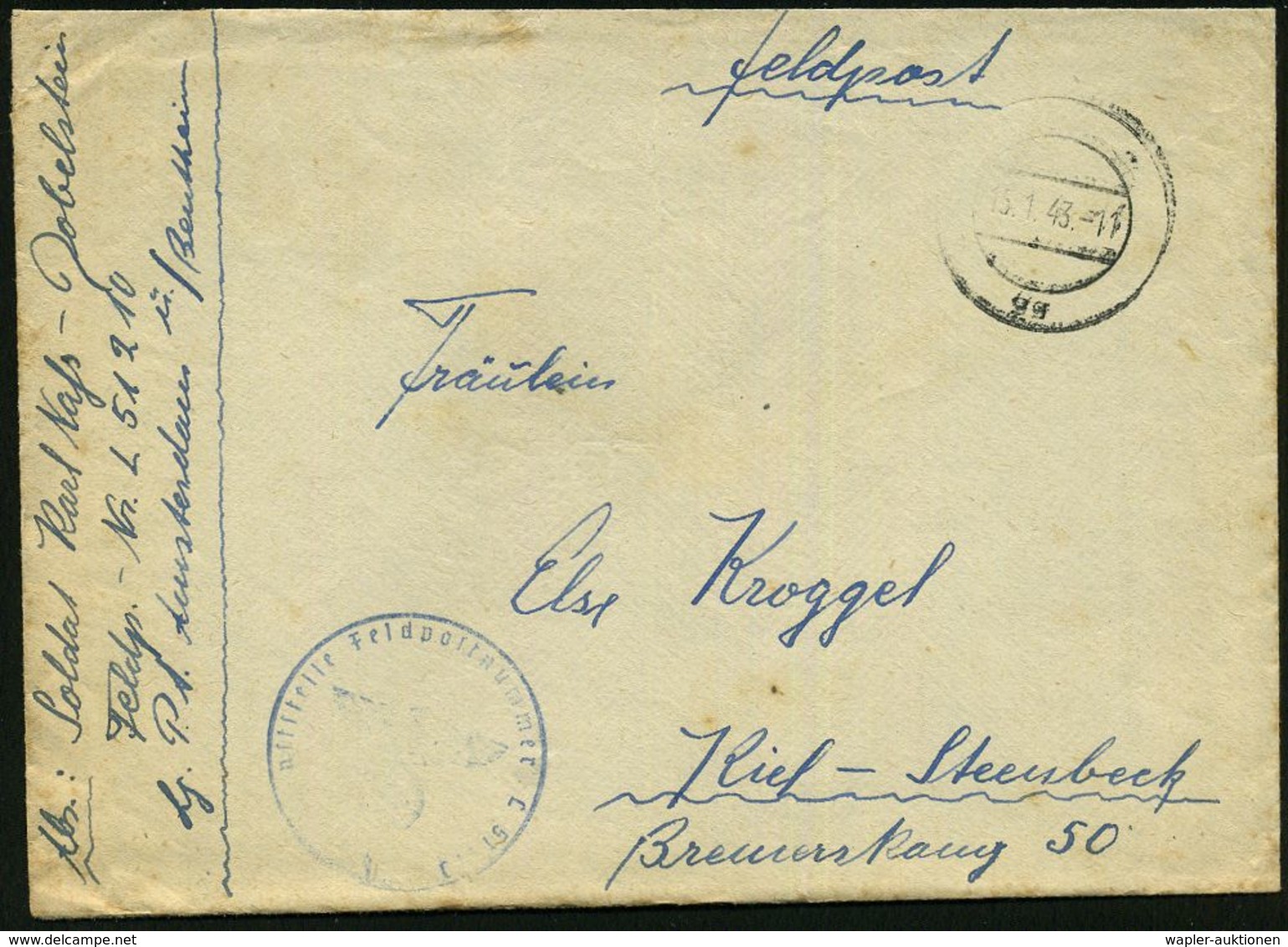 DT.BES.NIEDERLANDE 1942/43 Stummer 2K-Steg: Gg = Niederländ. Tarnstempel + Je Blauer 1K-HdN: Feldpostnr. L 51210 = Flak- - Guerre Mondiale (Seconde)