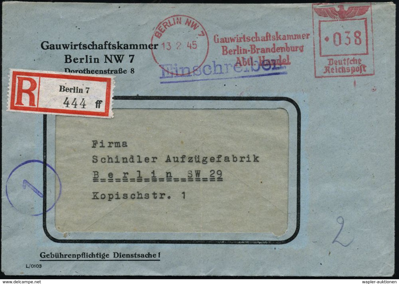 BERLIN NW7/ Gauwirtschaftskammer/ Berlin-Brandenburg/ Abtl.Handel 1945 (13.2.) AFS 038 Pf. + RZ: Berlin 7/f F ,klar Gest - Guerre Mondiale (Seconde)