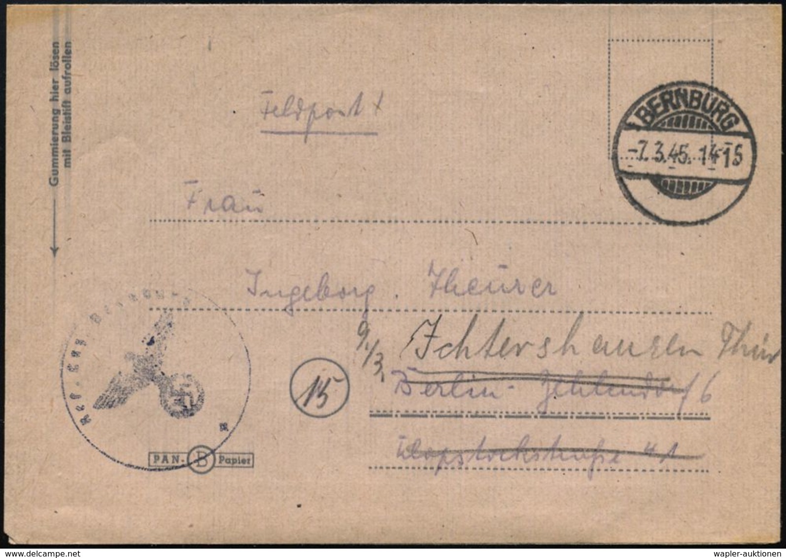 BERNBURG 1945 (7.3.) Alter 1K-Gitter + Bl. 1K-HdN: Res. Laz. Bernburg , Rs. Hs. Abs.: "..Res. Teillazarett Volksschule I - Guerre Mondiale (Seconde)