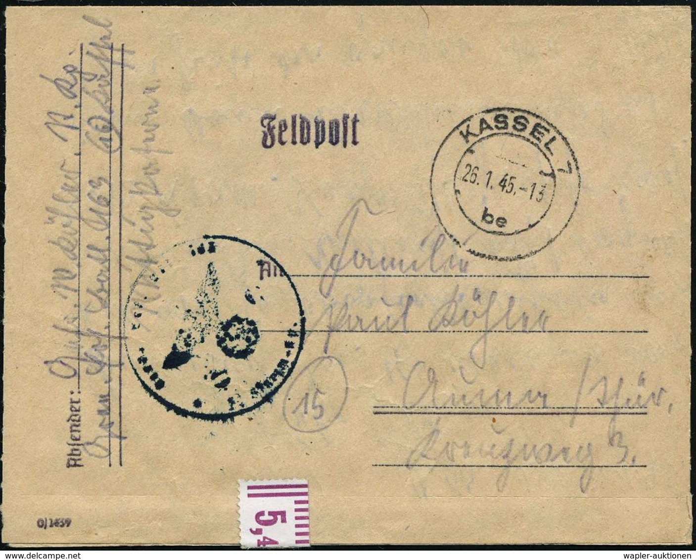 KASSEL 7/ Be 1945 (26.1.) 2K-Steg + Blauer 1K-HdN + Hs. Abs.: Gren.(adier) Ers. Batl. 193 "Wittigkaserne" , Später Feldp - Guerre Mondiale (Seconde)