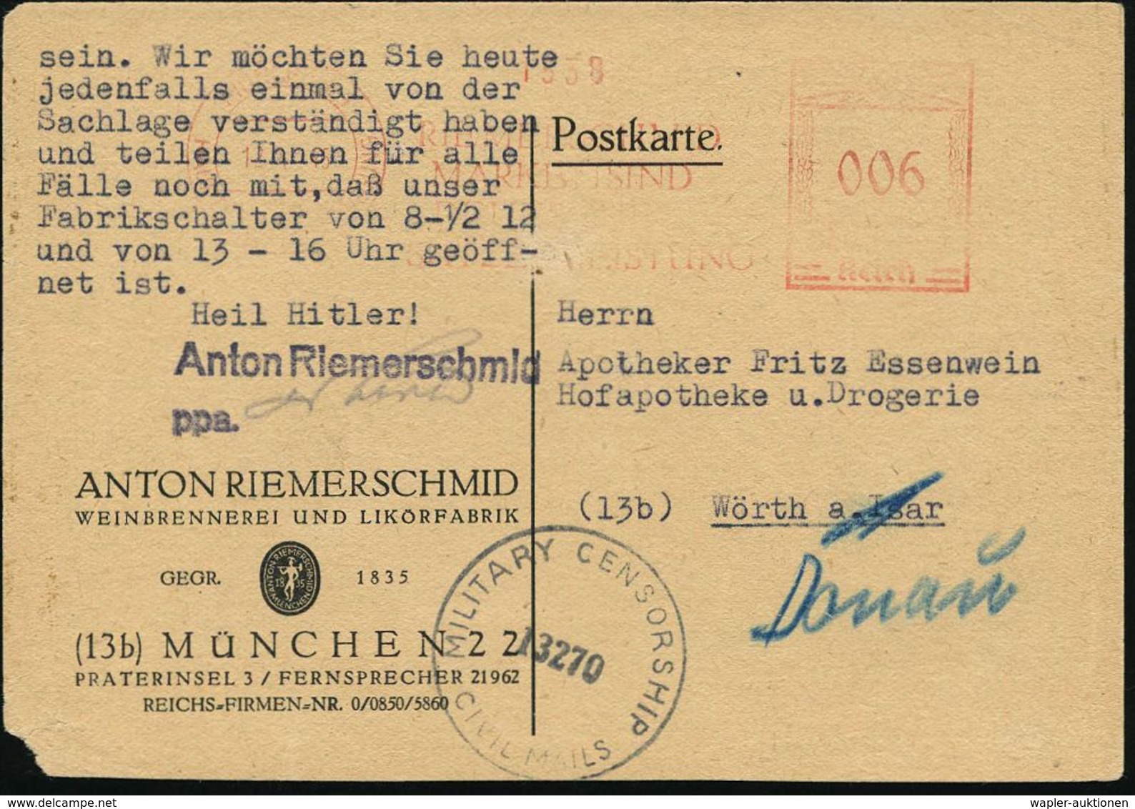 MÜNCHEN 1/ HDB/ RIEMERSCHMIDT.. 1945 (12.4.) AFS "Hakenkreuz" 006 Pf. (kriegsbedingt Stark Abgenutzt) Auf Firmen-Kt.: AN - Guerre Mondiale (Seconde)