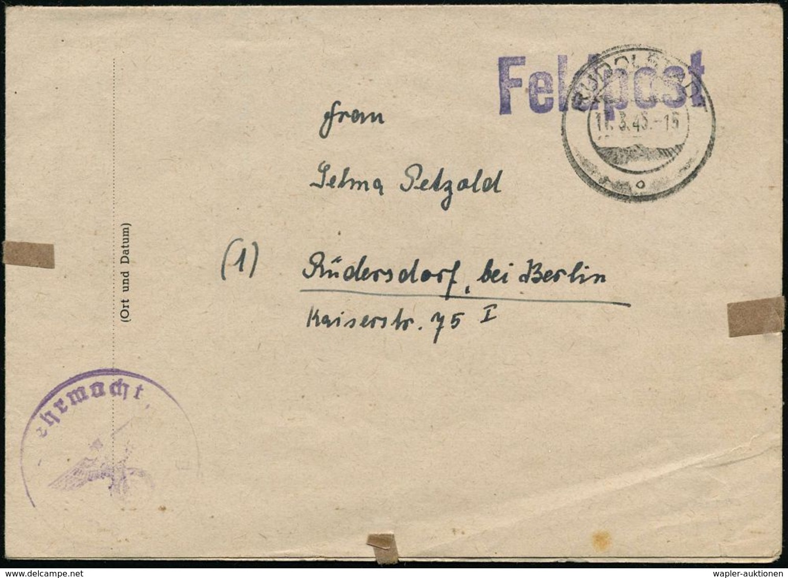 RUDOLSTADT/ O 1945 (17.3.) 2K-Steg + Viol. 1K: Wehrmacht/Briefstempel (unten Undeutl.), Rs. Viol. 2L: (15) Rudolstadt-Th - Guerre Mondiale (Seconde)