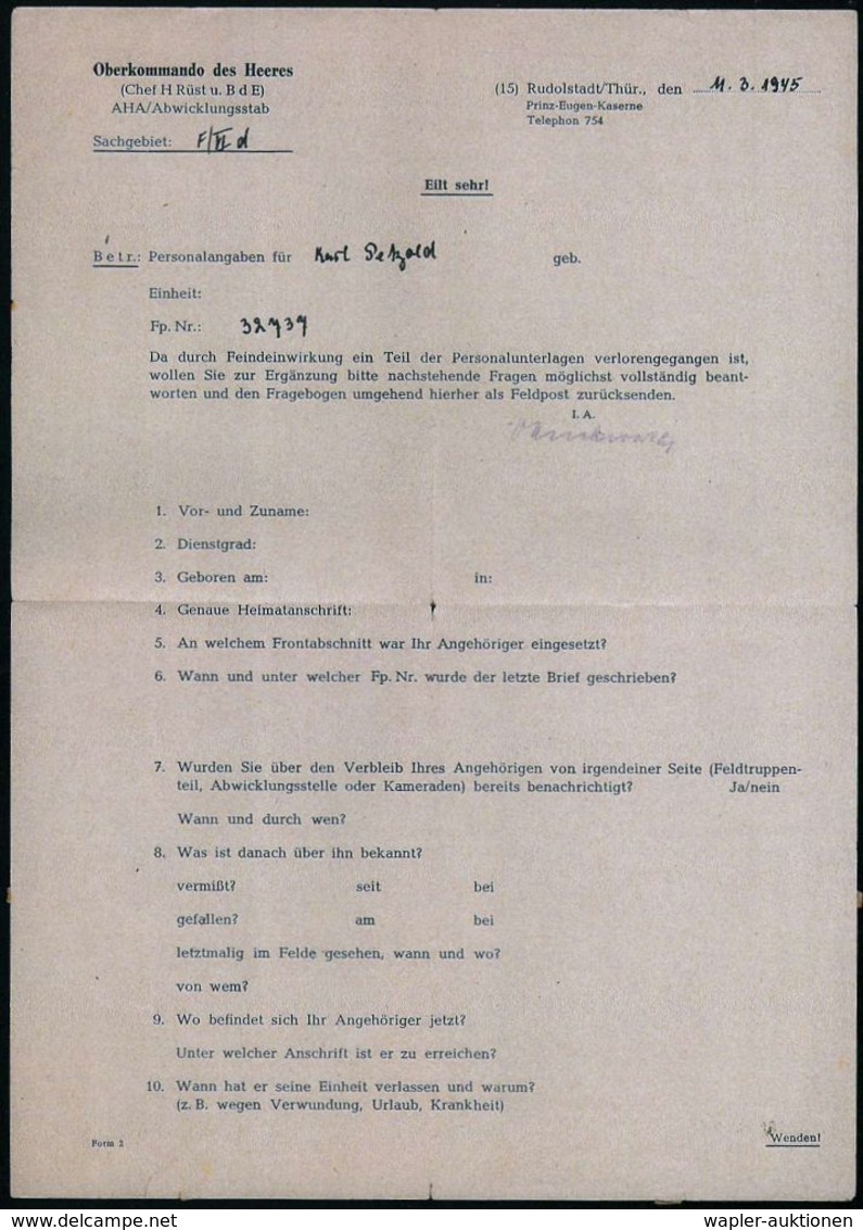 RUDOLSTADT/ O 1945 (17.3.) 2K-Steg + Viol. 1K: Wehrmacht/Briefstempel (unten Undeutl.), Rs. Viol. 2L: (15) Rudolstadt-Th - Guerre Mondiale (Seconde)