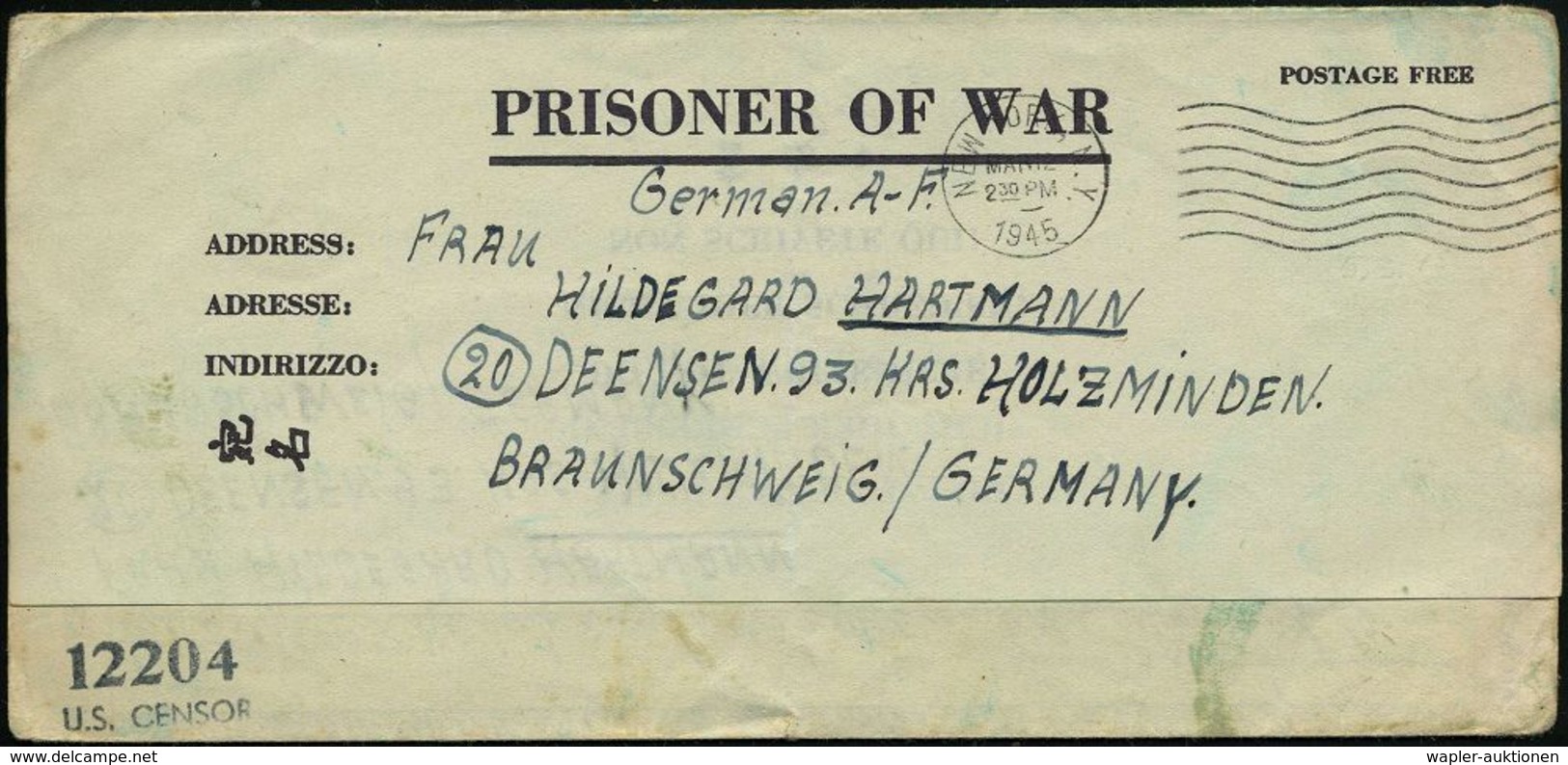 U.S.A. /  DEUTSCHES REICH 1945 (5.3.) MaWellenSt.: NEW YORK ,N.Y. + Schw. Zensur-2L: 12204/U.S. CENSOR (Wo.2) Kgf.-Vordr - Guerre Mondiale (Seconde)