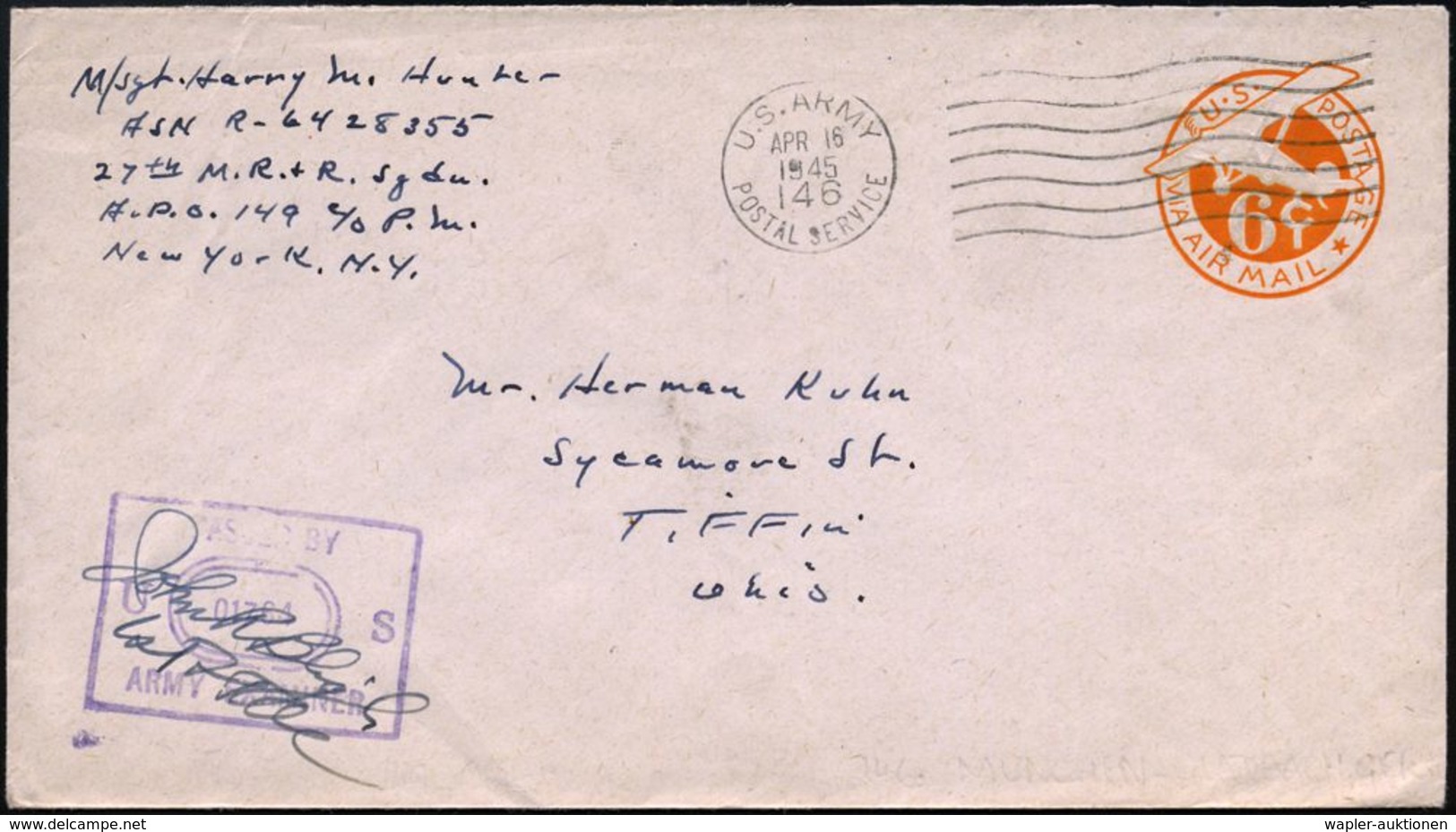 U.S.A. /  DEUTSCHES REICH 1945 (16.4.) MaWellenSt: U.S. ARMY/146/POSTAL SERVICE  = Mönchen-Gladbach Auf Flp.-U 6 C. Oran - Guerre Mondiale (Seconde)