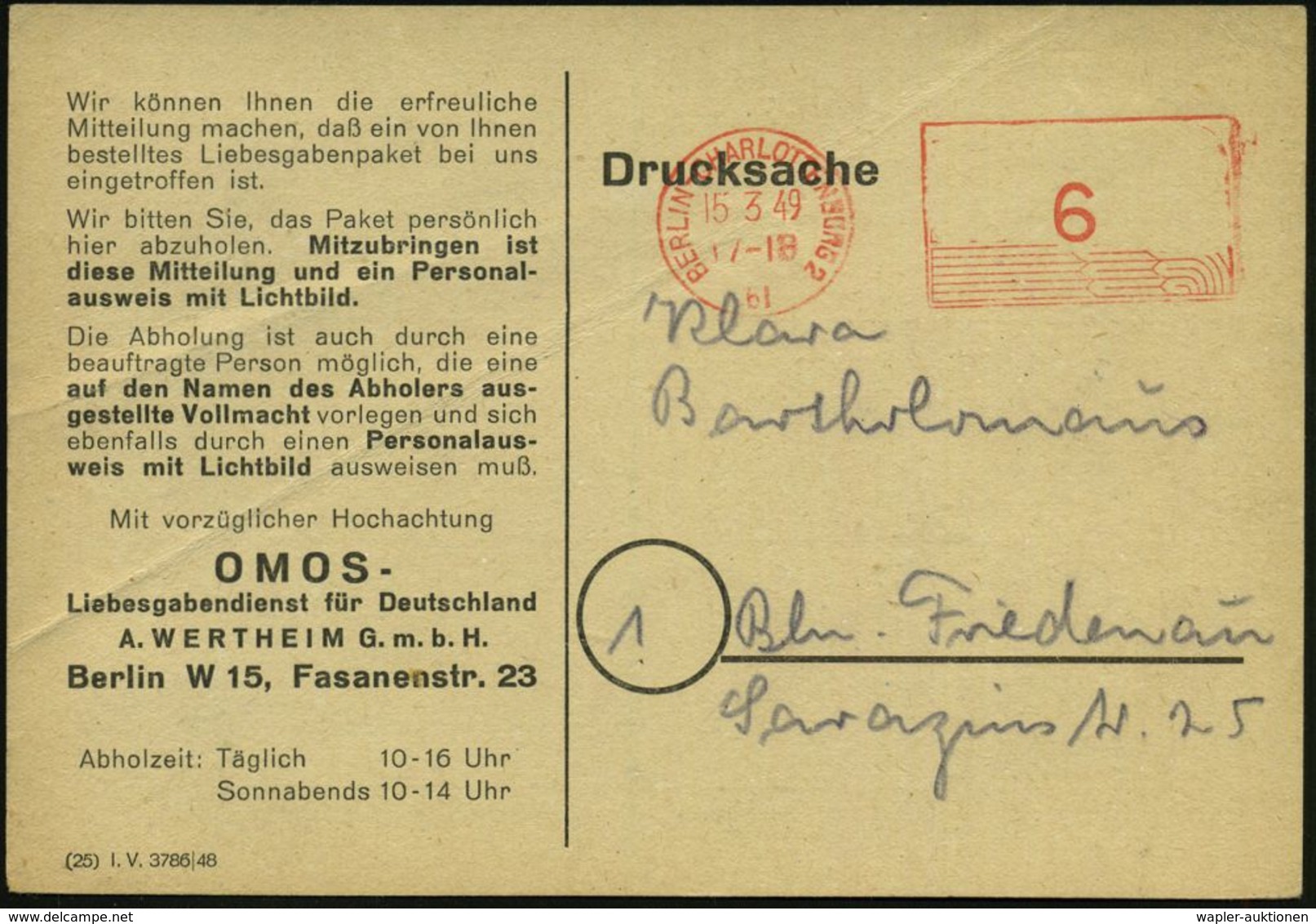 BERLIN-CHARLOTTENBURG 2/ Bl 1949 (15.3.) Aptierter PFS 6 Pf. = NS-Adler U. Hakenkreuz Entfernt (Dü.230) Klar Gest. OSMOS - 2. Weltkrieg