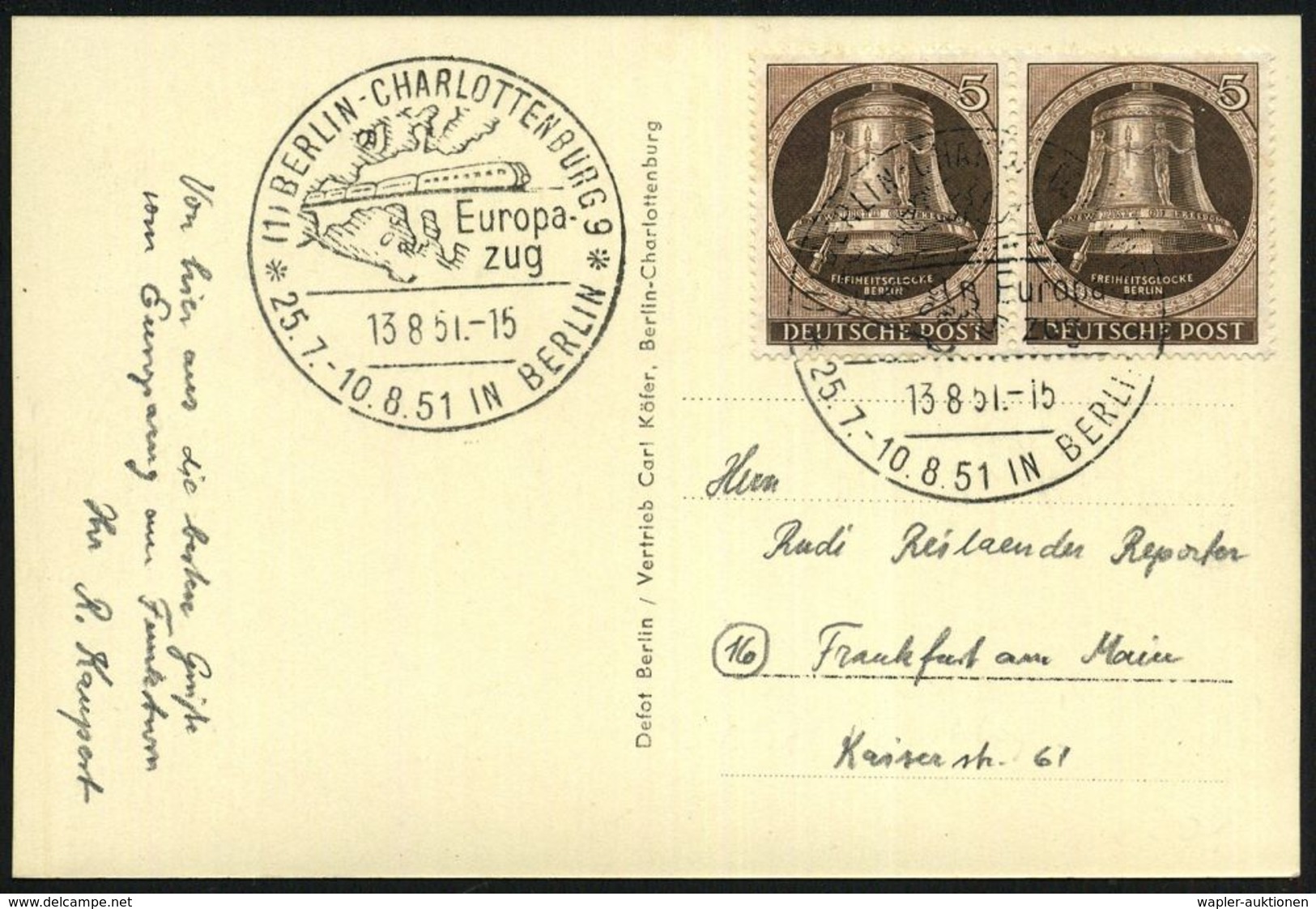 (1) BERLIN-CHARLOTTENBURG 9/ Europa-/ Zug.. 1951 (31.7.) Seltener SSt = Marshallplan-Europazug (vor Europakarte) Klar Au - Guerre Mondiale (Seconde)