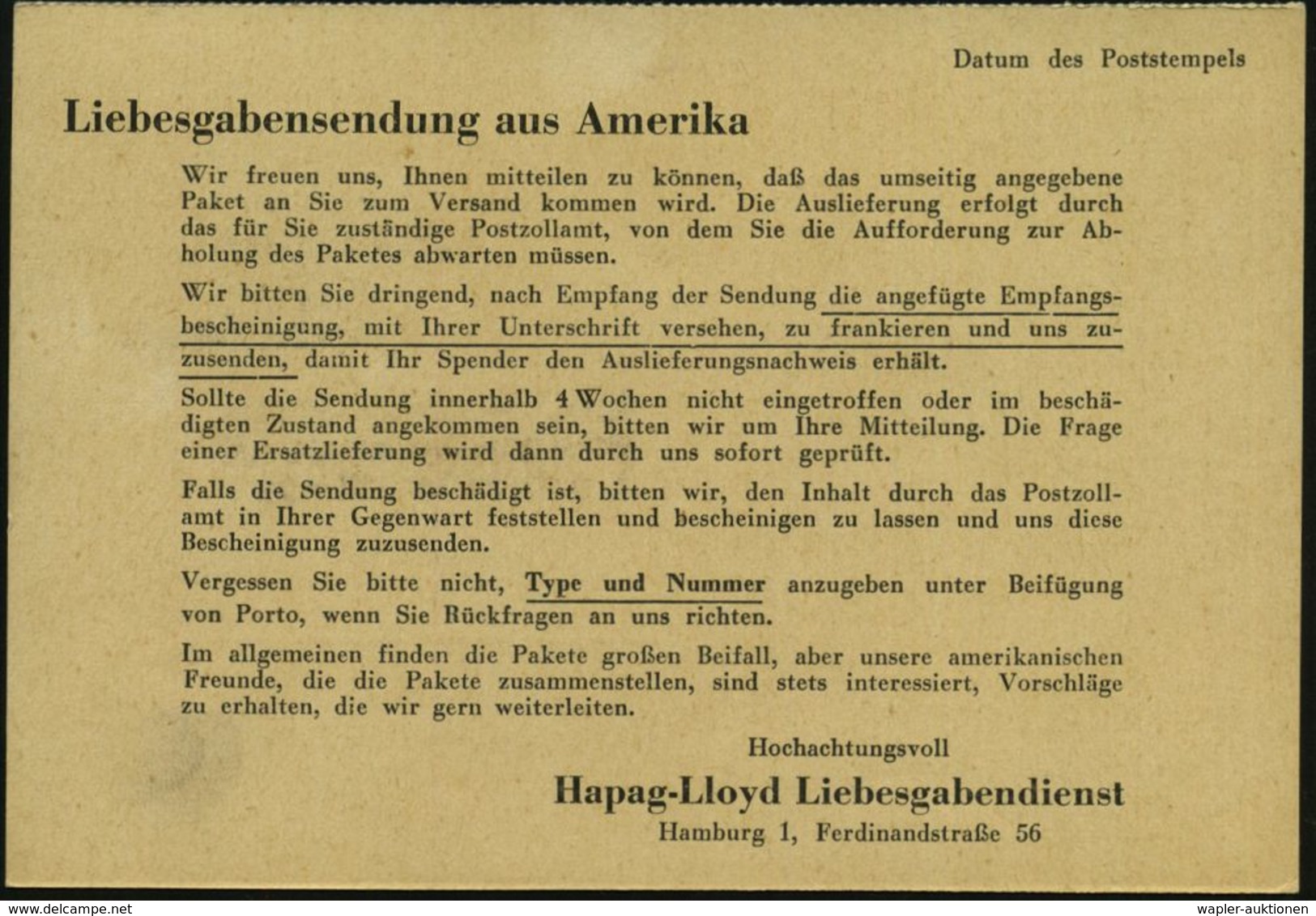 HAMBURG/ 1/ Land-,Luft-u.Seereisen/ HAPAG/ LLOYD/ REISEBÜRO 1953 (7.10.) AFS Auf Vordruck-Kt.: Liebesgaben-dienst HAPAG- - Guerre Mondiale (Seconde)