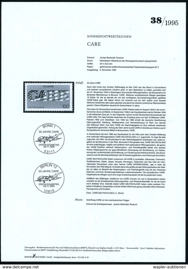 B.R.D. 1995 (Nov.) 100 Pf. "50 Jahre CARE" + Amtl. Handstempel "M U S T E R", , Postfr. + Amtl. Ankündigungsblatt Der Bu - Guerre Mondiale (Seconde)