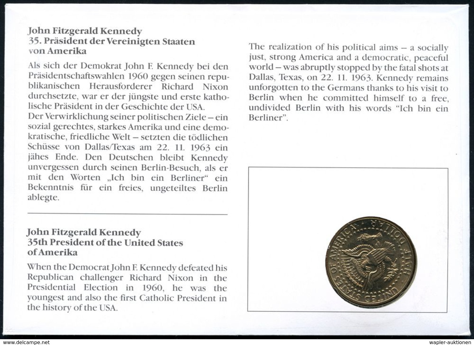 U.S.A. 1993 (28.1.) 2K: DALLAS, TX.. Auf 29 C. Whitehouse + Kennedy-Vignette Auf Numis-Sonderumschlag: "Ich Bin Ein Berl - Guerre Mondiale (Seconde)