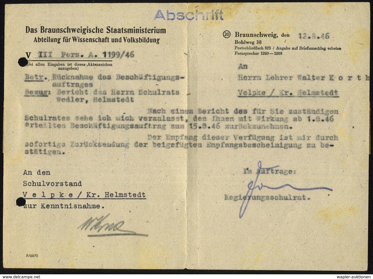 BRAUNSCHWEIG 1/ Braunschweigisches/ Staatsministerium 1946/47 4x Aptierter AFS = NS-Adler Entfernt, Je Klar Auf 4 Falbri - Autres & Non Classés
