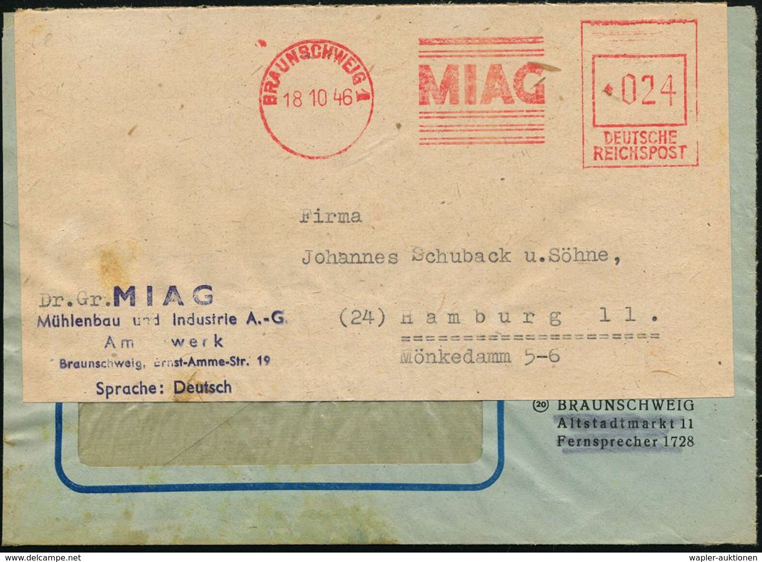 BRAUNSCHWEIG 1/ MIAG 1946 (18.10.) Aptierter AFS "DEUTSCHE/REICHSPOST" Antiqua , NS-Adler Entfernt  = Mühlenbau U. Indus - Autres & Non Classés