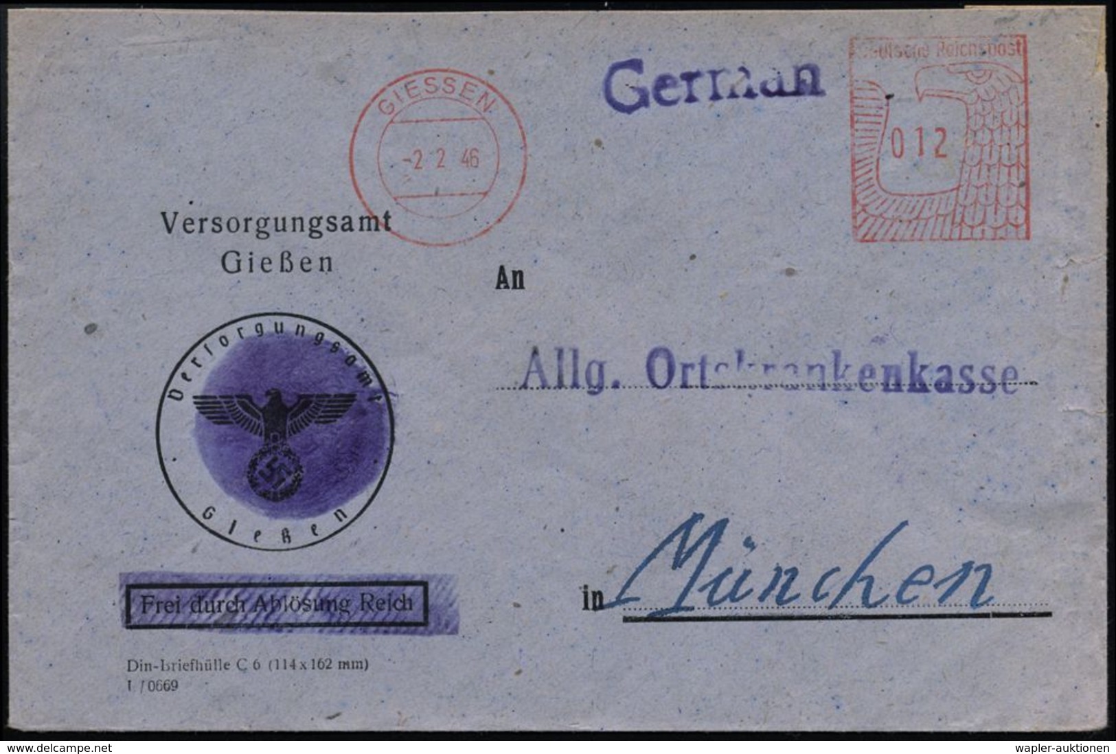 GIESSEN/ Deutsche Reichspost 1946 (2.2.) Aptierter AFS Postalia "Reichsadler" Unverändert Weiterverwendet, AFS Als Schal - Autres & Non Classés