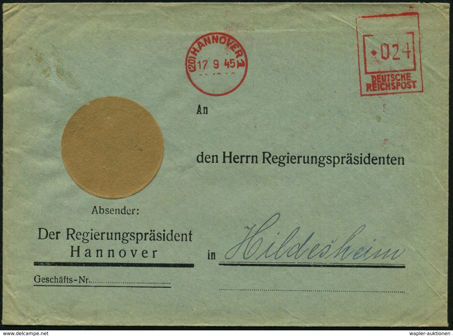 (20) HANNOVER1/ DEUTSCHE/ REICHSPOST 1945 (Sept.) Aptierter AFS Francotyp = NS-Adler Entfernt Als PFS Notmaß-nahme (Dü.E - Autres & Non Classés