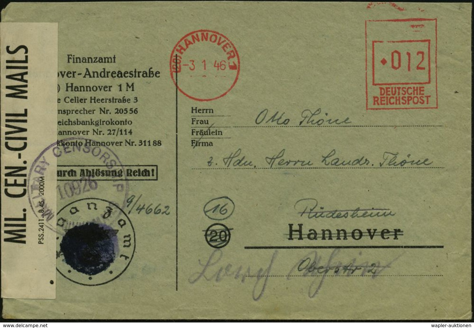 (20) HANNOVER 1/ DEUTSCHE/  REICHSPOST 1946 (3.1.) Aptierter AFS Francotyp Als PFS Verwendet = Notmaßnahme (Dü.E-14A-134 - Autres & Non Classés