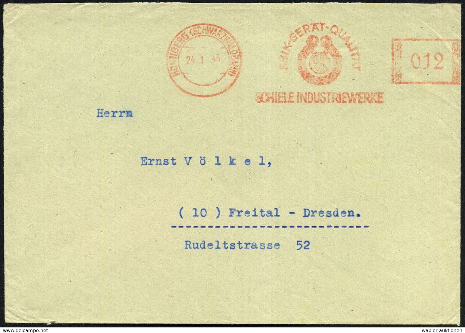 HORNBERG (SCHWARZWALDBAHN)/ ..SCHIELE INDUSTRIEWERKE 1946 (24.1.) Aptierter AFS  = Hakenkreuz U.a. Entfernt (Firmen-Logo - Autres & Non Classés