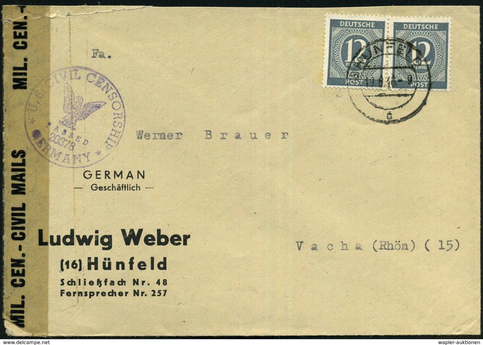 (16) HÜNFELD/ C 1946 (19.8.) 2K-Steg Auf Ziffer 12 Pf. Paar + Viol. Zensur-1K: U.S. CIVIL CENSORSHIP/PASSED/20378/GERMAN - Autres & Non Classés