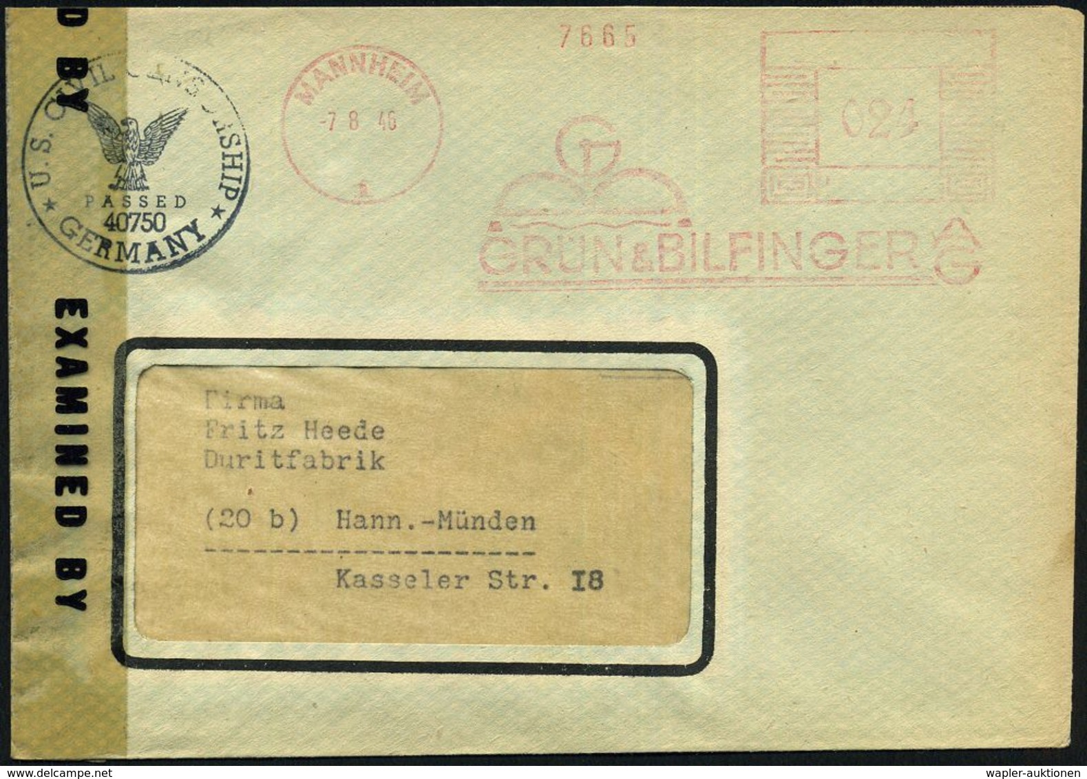 MANNHEIM/ 1/ GRÜN & BILFINGER 1946 (7.8.) Seltener, Aptierter AFS "Mäanderrechteck" = Inschrift "DEUTSCHES REICH" Entfer - Autres & Non Classés