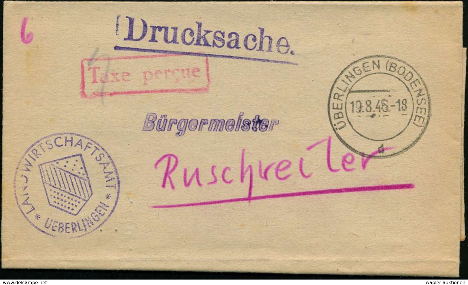 ÜBERLINGEN (BODENSEE)/ D 1946 (19.8.) 2K-Steg + Roter Ra.: Taxe Percue + Viol. Abs.-1K: LANDWIRTSCHAFTSAMT.. (Wappen) Fa - Autres & Non Classés