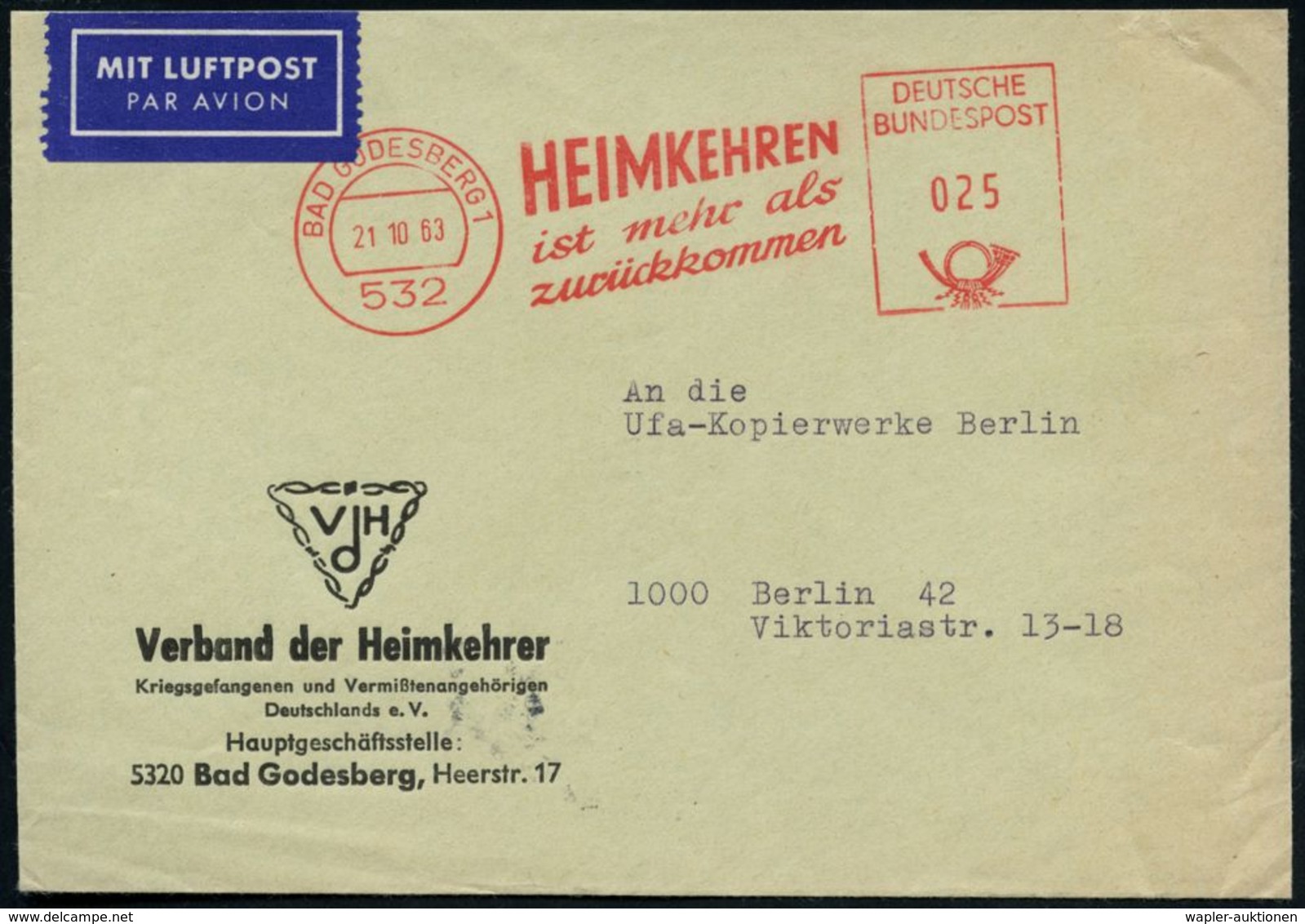 (22c) BAD GODESBERG 1/ HEIMKEHREN/ Ist Mehr Als/ Zurückkommen 1958 (7.6.) Seltener AFS Auf Vordruck-Bf: Verband Der Heim - Autres & Non Classés