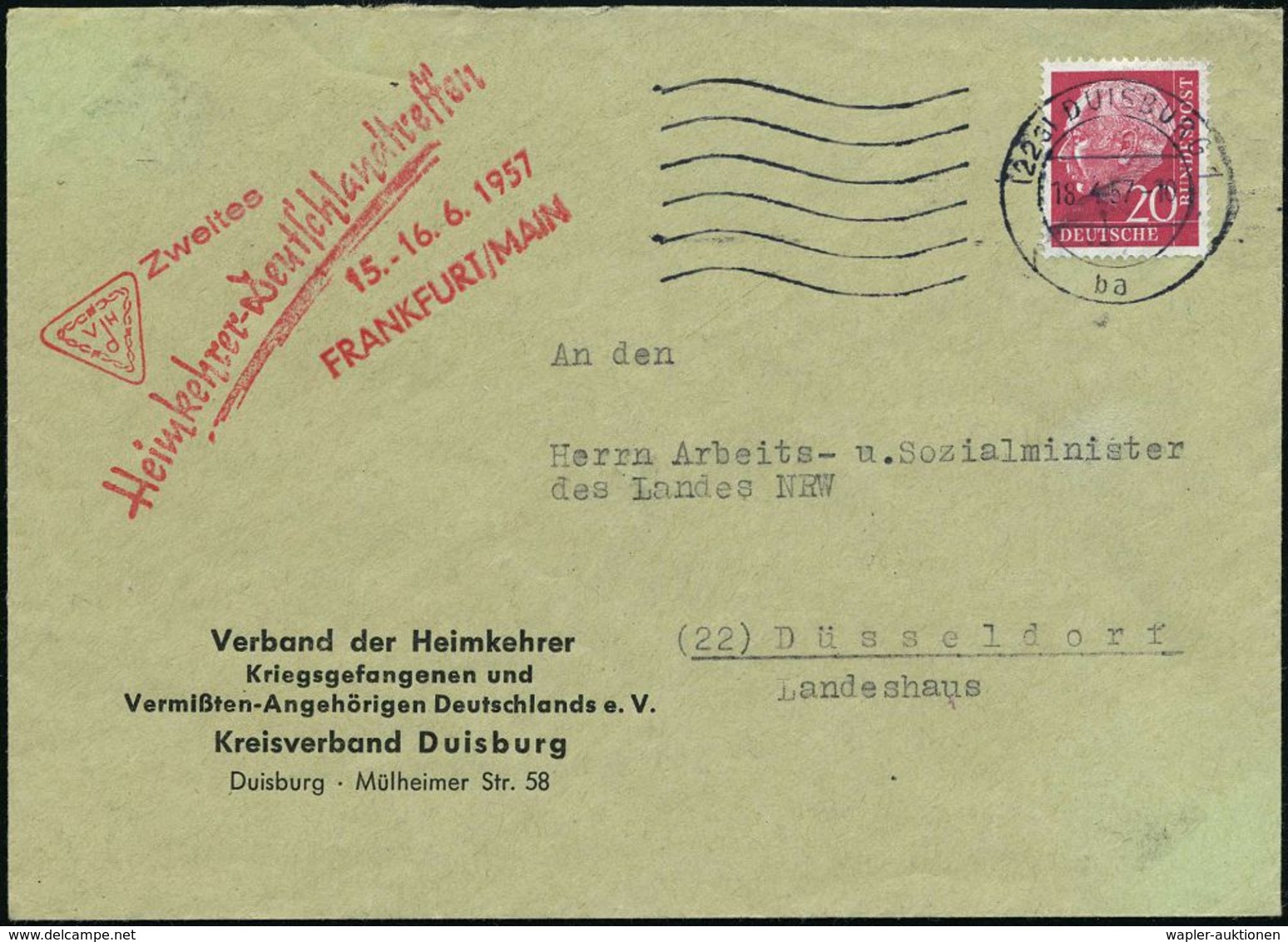 (22a) DUISBURG 1/ Ba 1957 (18.4.) MaWellenSt + Roter HdN: Zweites/Heimkehrer-Deutschlandtreffen/15.-16.6.1957/FRANK-FURT - Autres & Non Classés