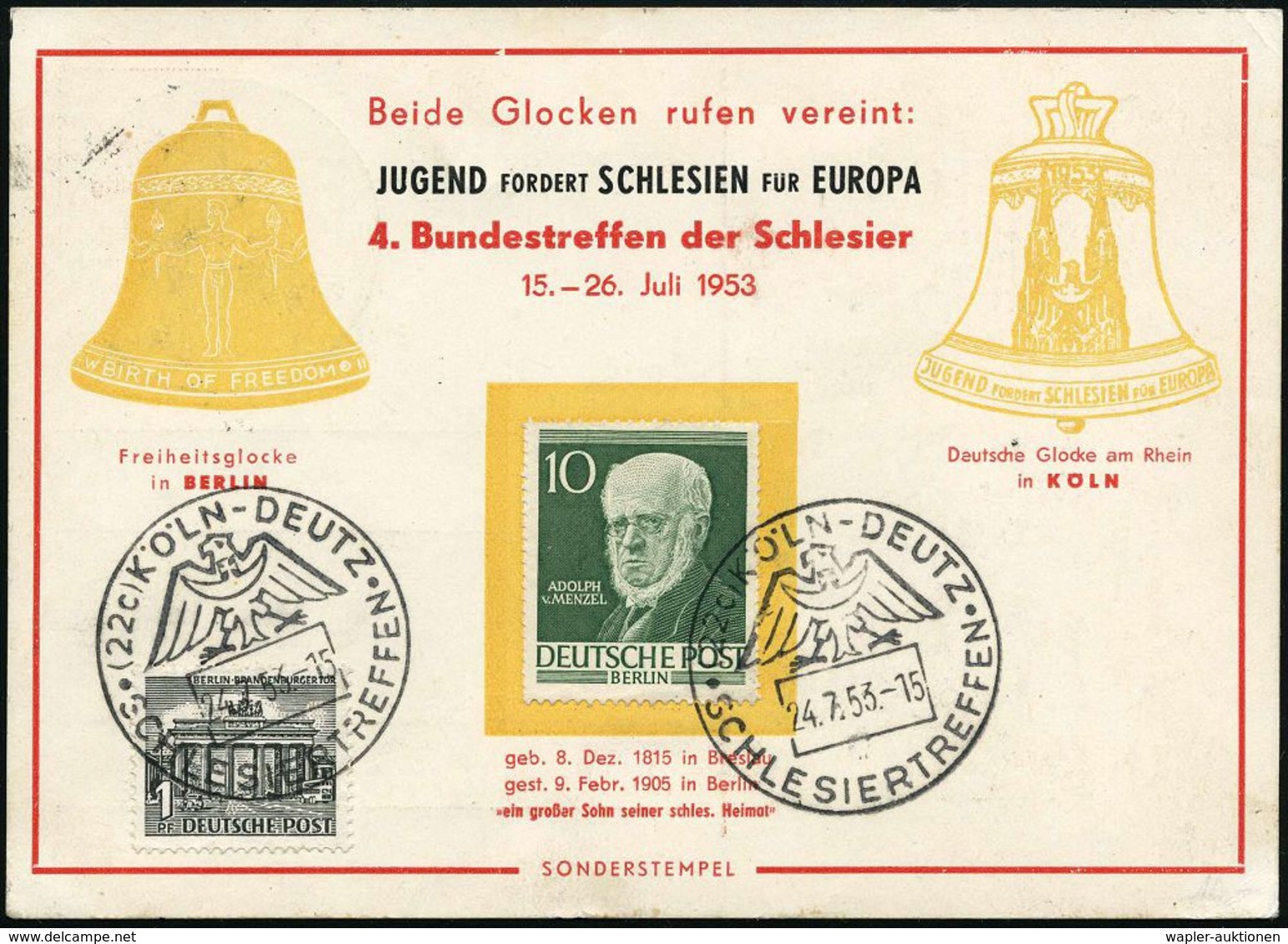 (22c) KÖLN-DEUTZ/ SCHLESIERTREFFEN 1953 (24.7.) SSt (Schlesier Adler) 3x (rs. Frankatur) Auf Color-Sonderkarte: 4. Bunde - Refugiados