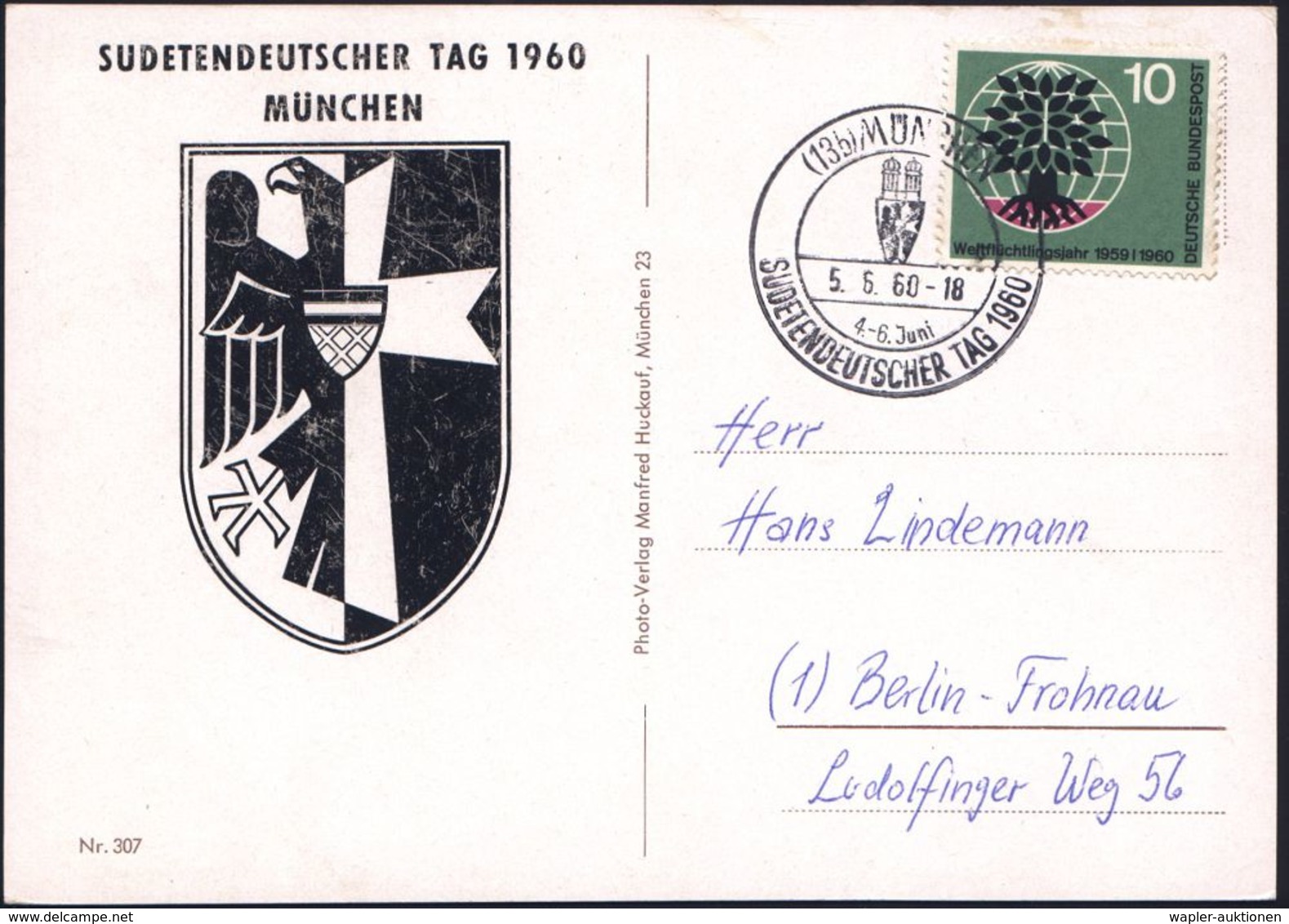 (13b) MÜNCHEN/ C/ SUDETENDEUTSCHER TAG 1960 (5.6.) SSt (Wappenschild) Motivgl. Sonder-Kt.! (Michaelis Nr.53 A, + 15.-DM, - Flüchtlinge