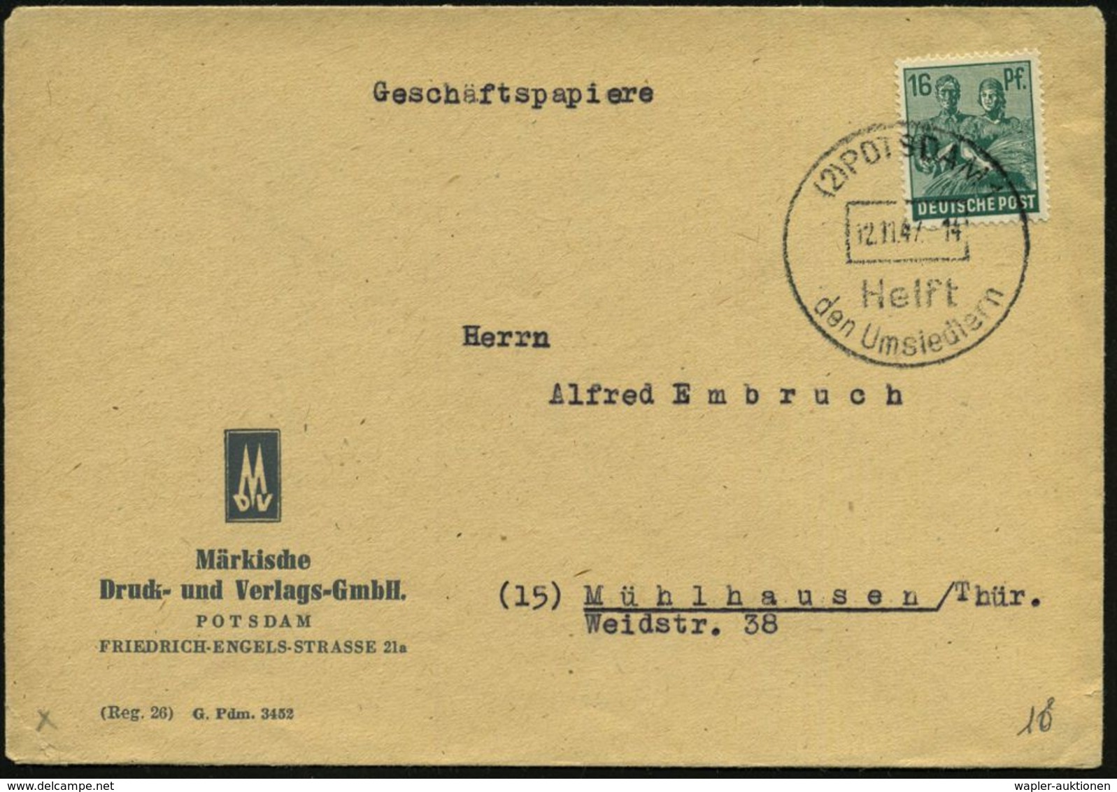 (2) POTSDAM 1/ Helft/ Den Umsiedlern 1947 (12.11.) HWSt , "Umsiedler" = SBZ-Euphemismus Für Vertriebene Aus Rücksicht Au - Refugiados